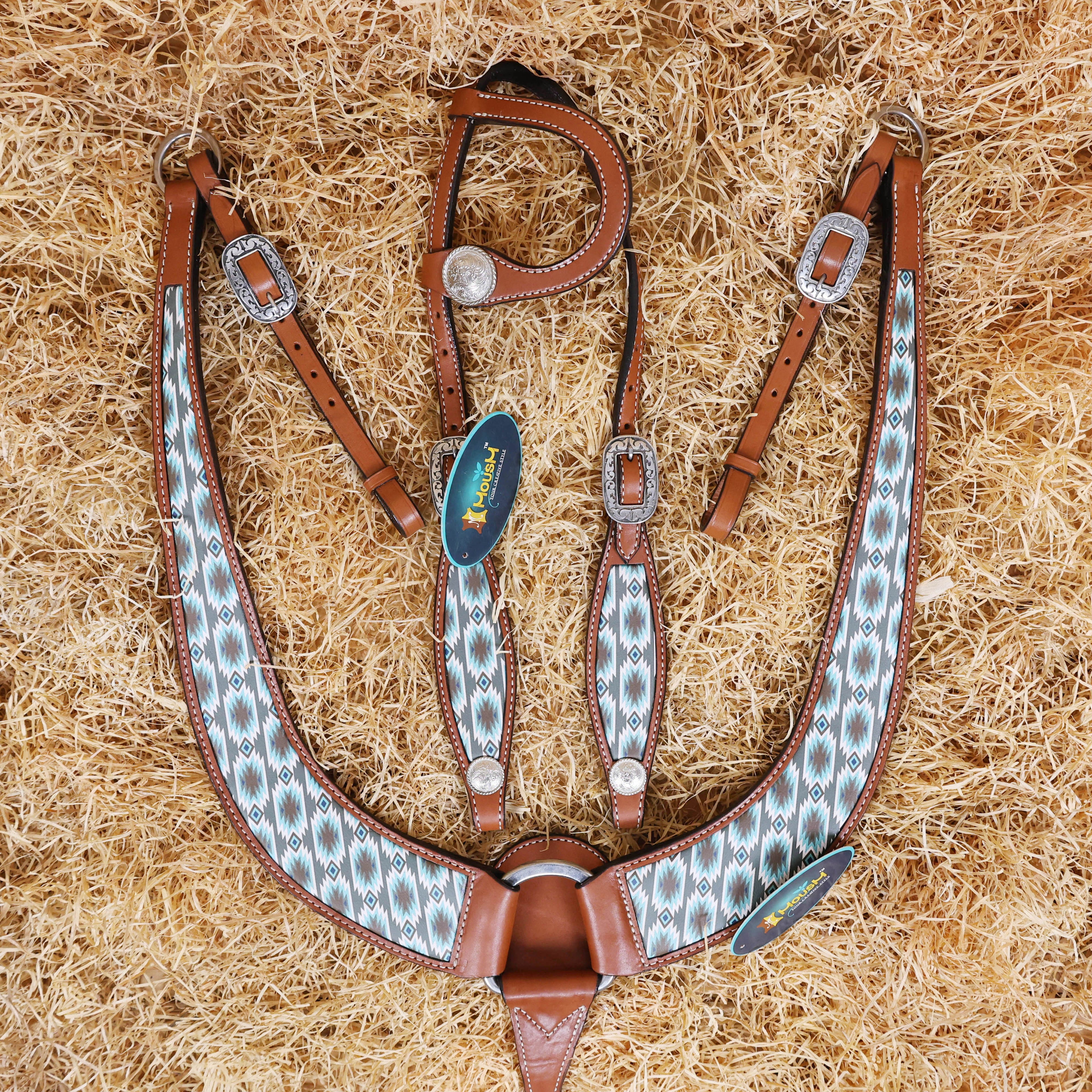 MOUSM Argentina Cow Leather Headstall & Breast Collar Set – Western Bridle with Aztec Print Inlay & Nickel Hardware