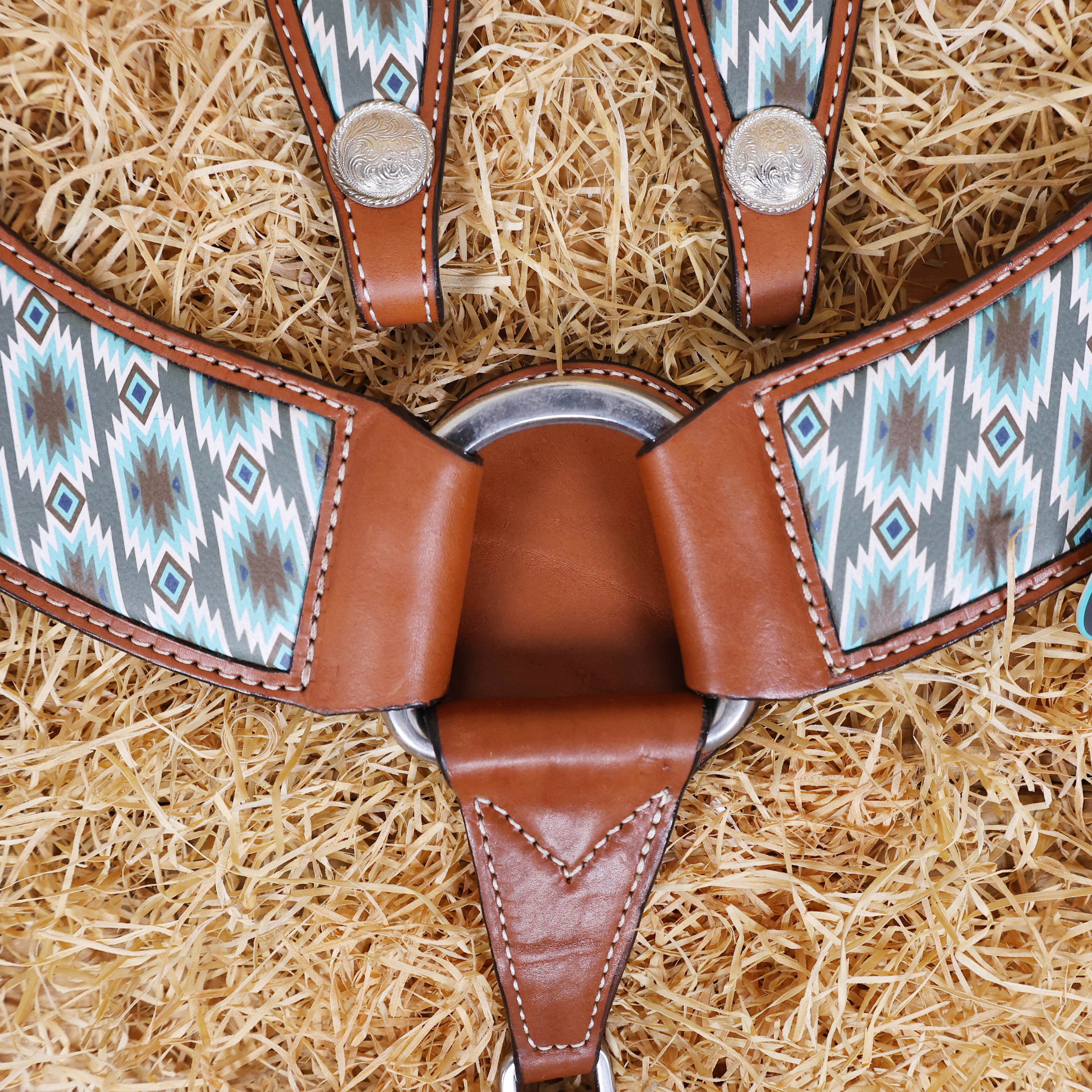 MOUSM Argentina Cow Leather Headstall & Breast Collar Set – Western Bridle with Aztec Print Inlay & Nickel Hardware