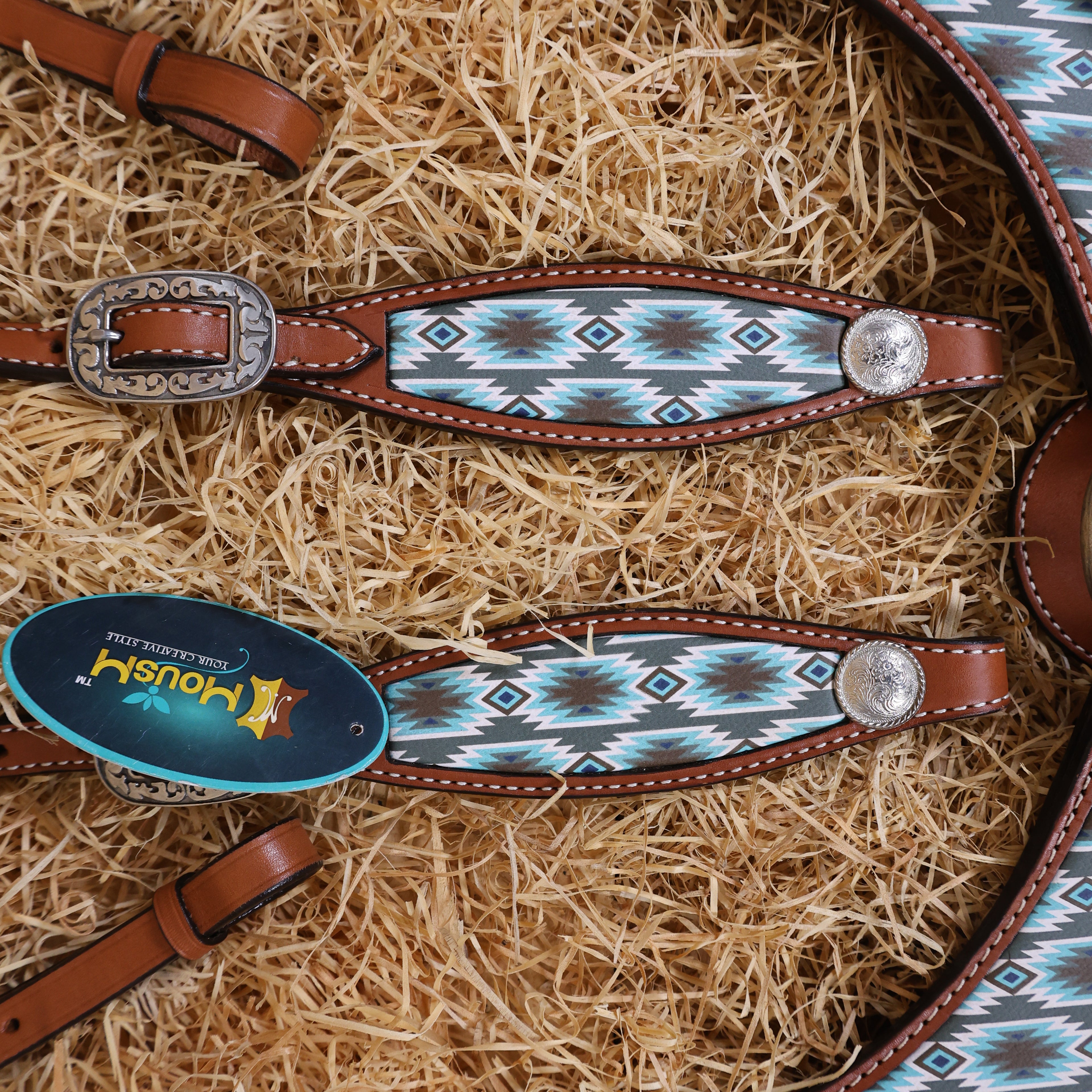 MOUSM Argentina Cow Leather Headstall & Breast Collar Set – Western Bridle with Aztec Print Inlay & Nickel Hardware