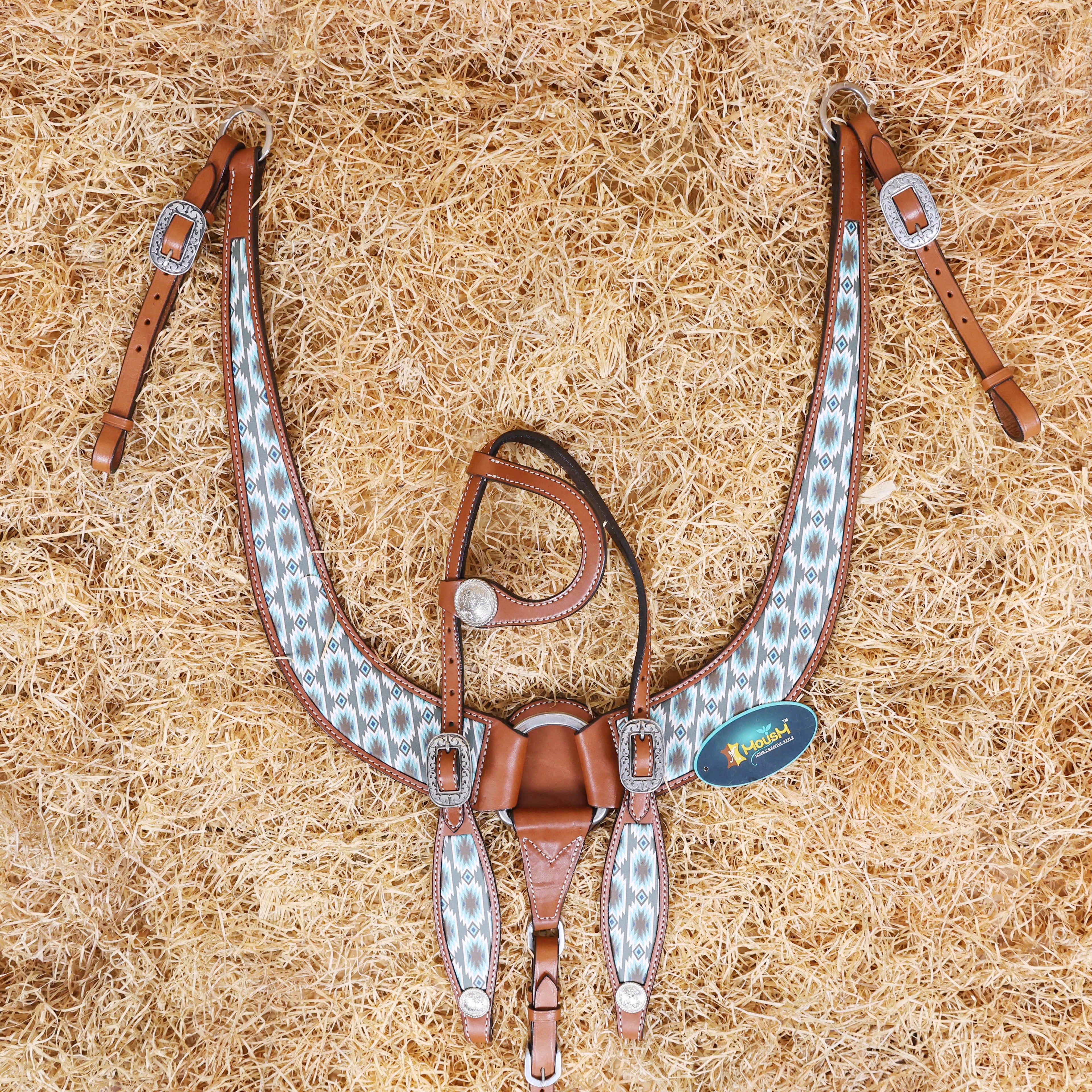 MOUSM Argentina Cow Leather Headstall & Breast Collar Set – Western Bridle with Aztec Print Inlay & Nickel Hardware