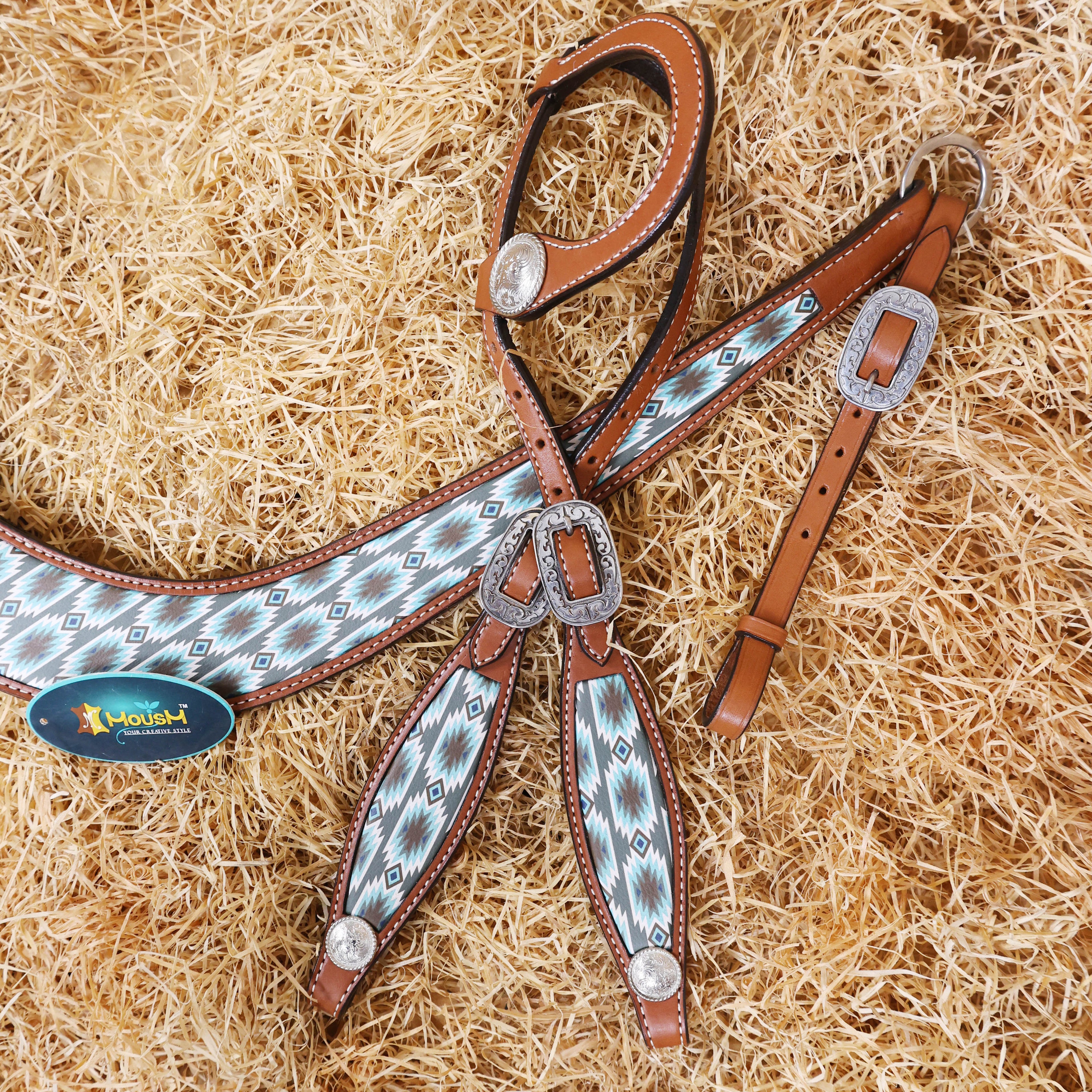 MOUSM Argentina Cow Leather Headstall & Breast Collar Set – Western Bridle with Aztec Print Inlay & Nickel Hardware