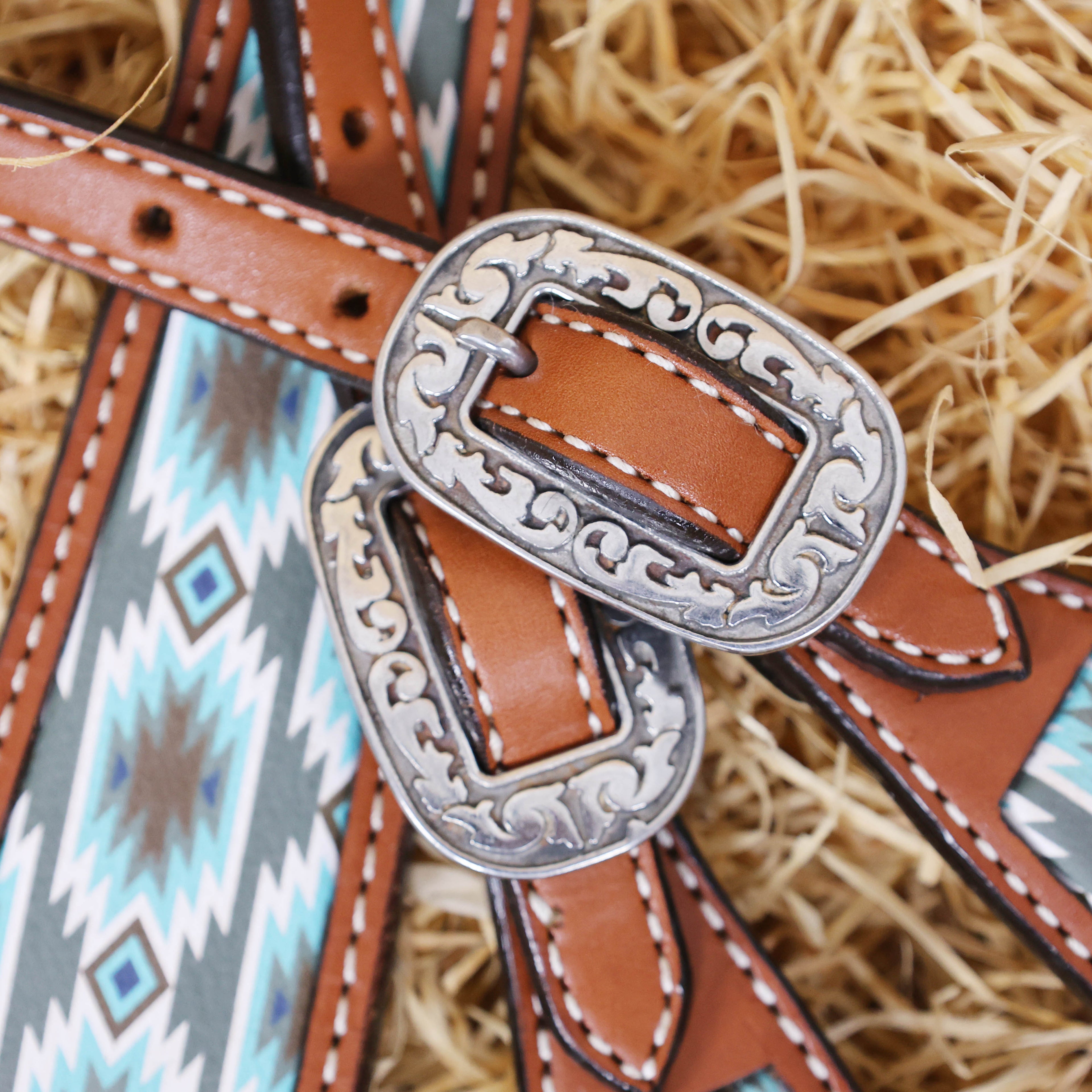 MOUSM Argentina Cow Leather Headstall & Breast Collar Set – Western Bridle with Aztec Print Inlay & Nickel Hardware