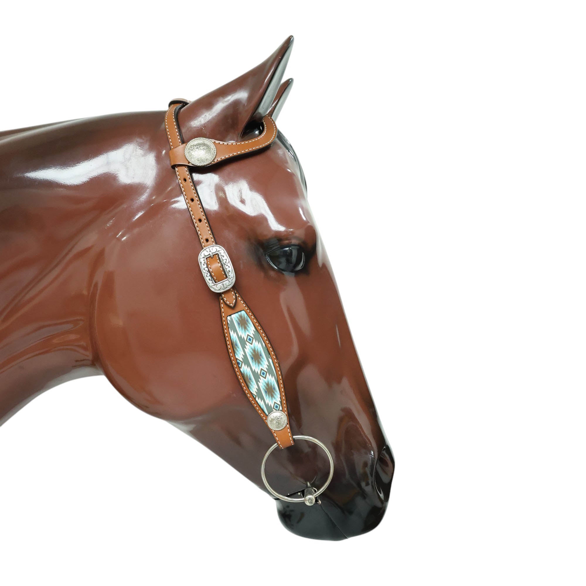 MOUSM Argentina Cow Leather Headstall & Breast Collar Set – Western Bridle with Aztec Print Inlay & Nickel Hardware