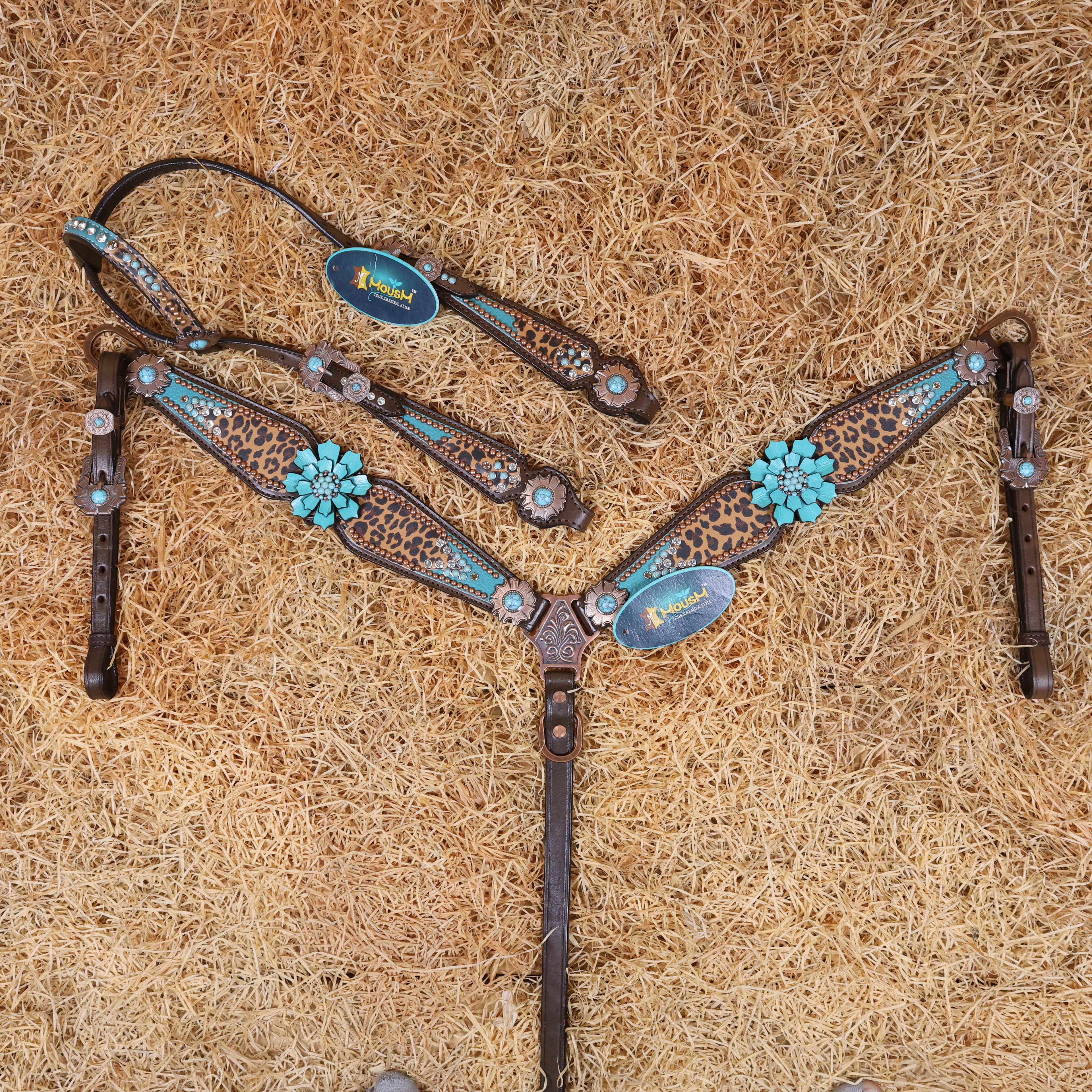 MOUSM Argentina Cow Leather Headstall & Breast Collar Set – Western Bridle with Leopard Print with Turquoise Floral Conchos & Stud Detailing