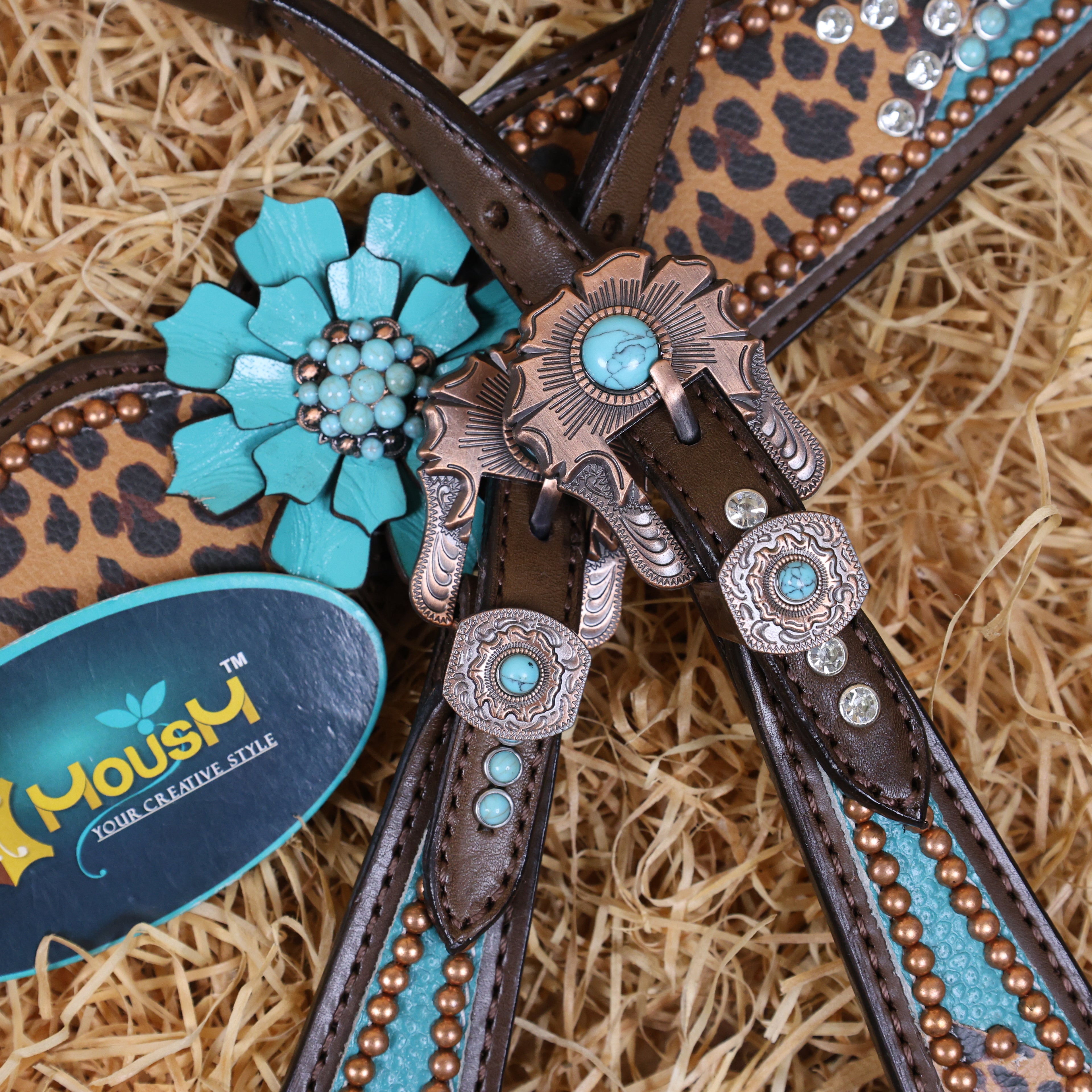 MOUSM Argentina Cow Leather Headstall & Breast Collar Set – Western Bridle with Leopard Print with Turquoise Floral Conchos & Stud Detailing