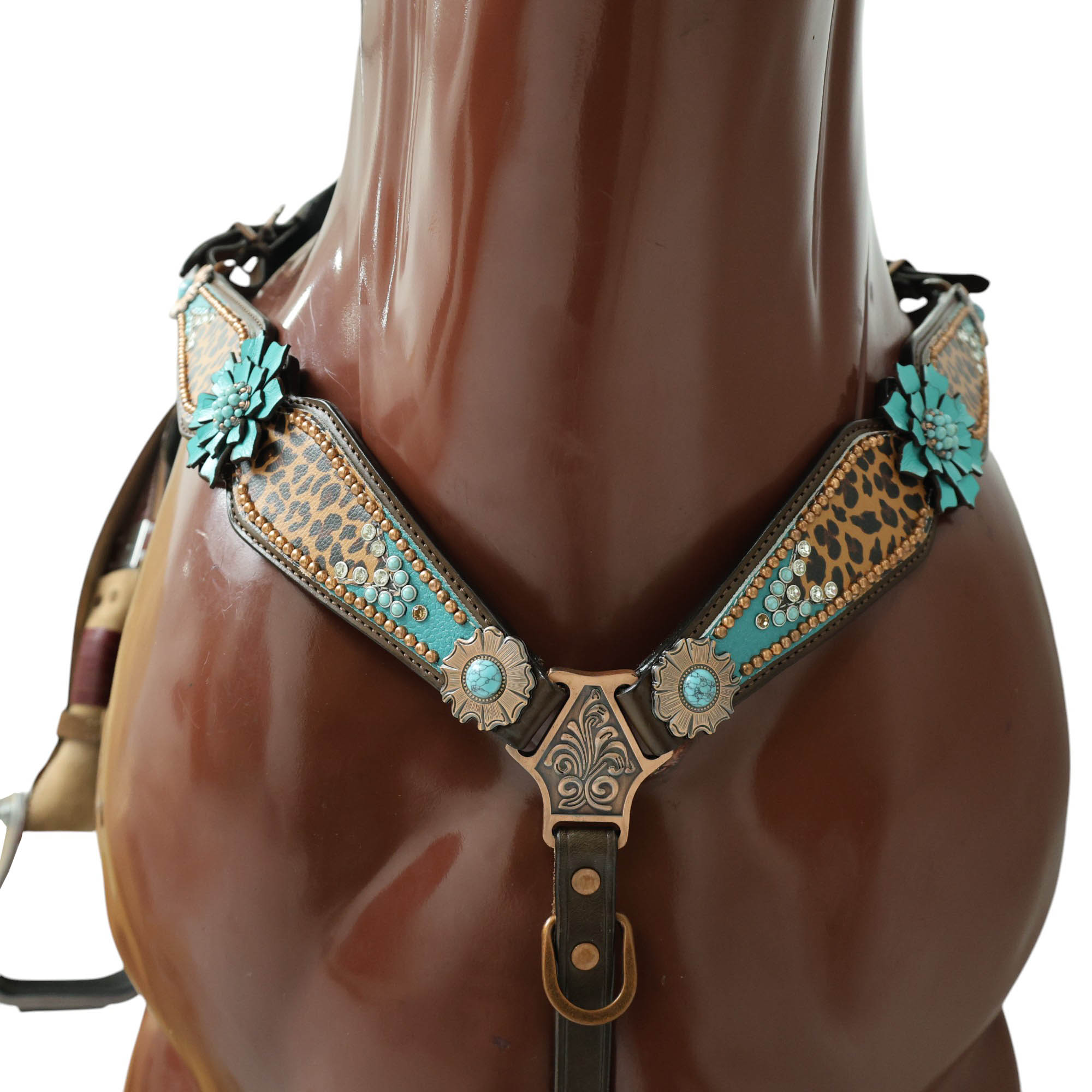 MOUSM Argentina Cow Leather Headstall & Breast Collar Set – Western Bridle with Leopard Print with Turquoise Floral Conchos & Stud Detailing