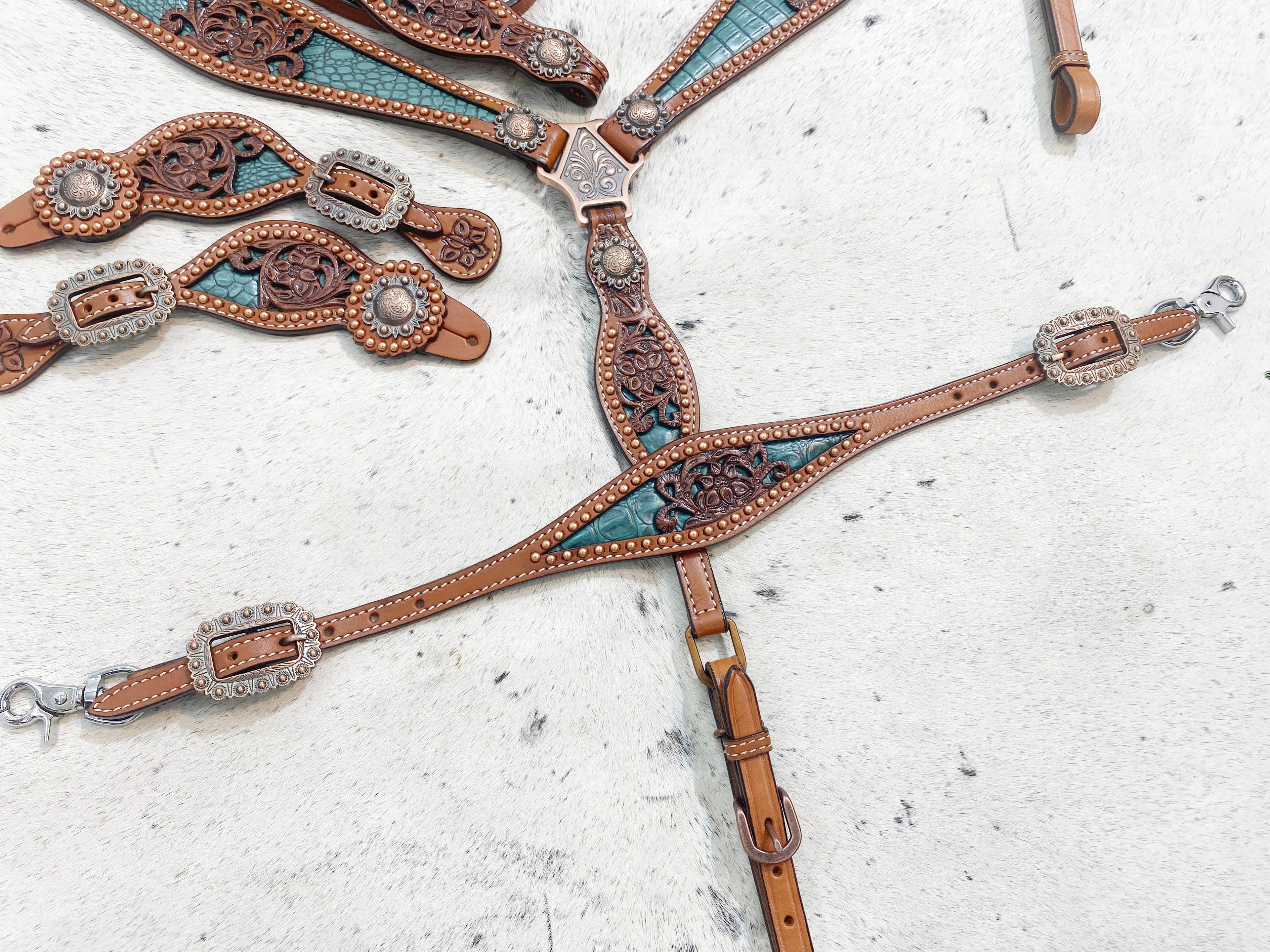 MOUSM Argentina Cow Leather Western Horse Tack Collection – Western Bridles and Headstalls Decorated with Copper Studs, Conchos, Flower Filigree Carving & Alligator Inlay