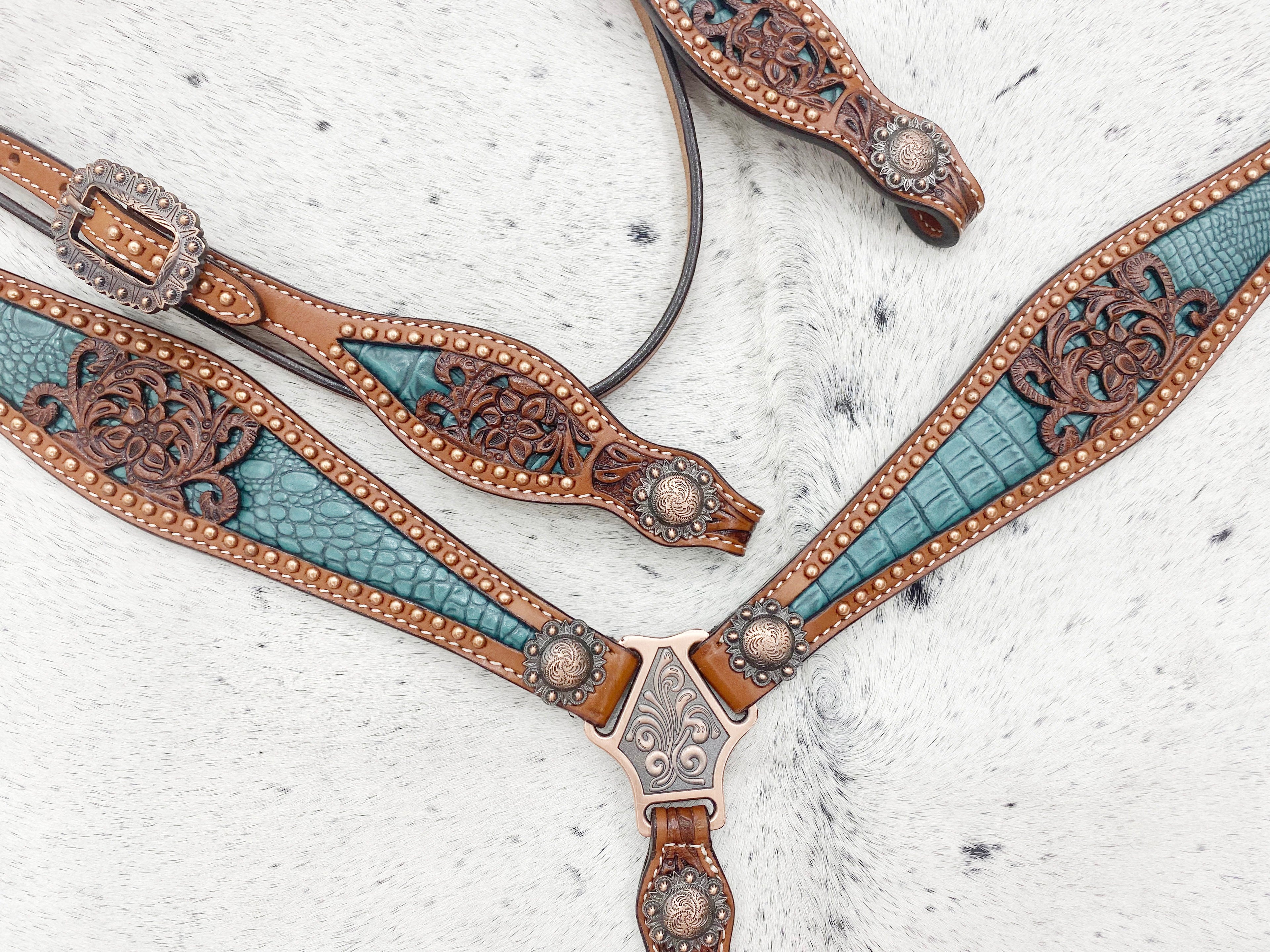 MOUSM Argentina Cow Leather Western Horse Tack Collection – Western Bridles and Headstalls Decorated with Copper Studs, Conchos, Flower Filigree Carving & Alligator Inlay