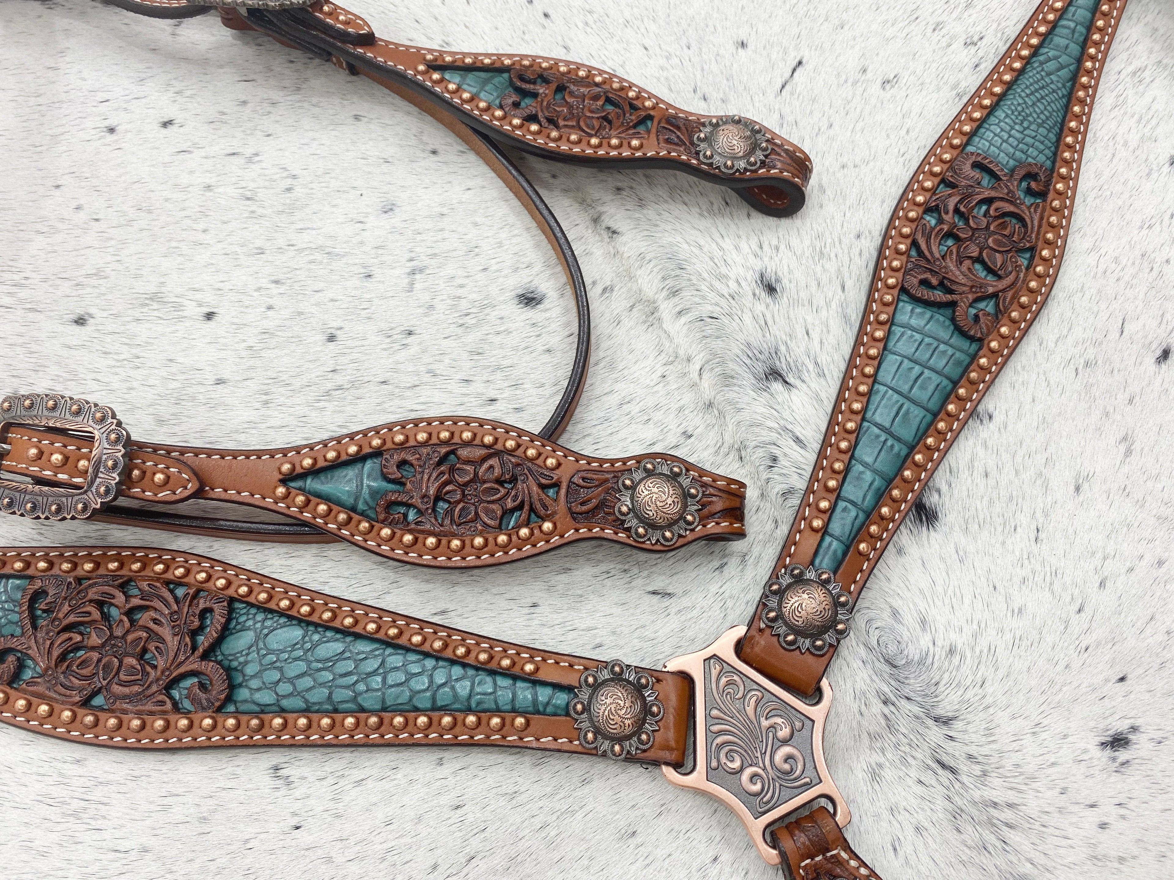 MOUSM Argentina Cow Leather Western Horse Tack Collection – Western Bridles and Headstalls Decorated with Copper Studs, Conchos, Flower Filigree Carving & Alligator Inlay