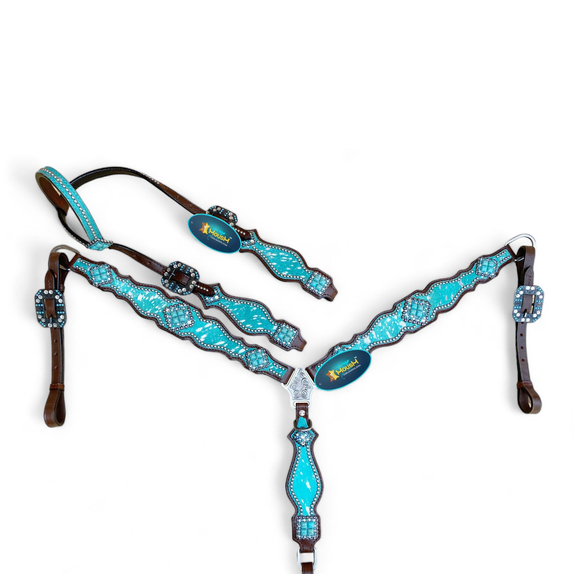 MOUSM Argentina Cow Leather Western Headstall and Breast Collar Set – Decorated with Turquoise Silver Metallic Acid Wash Cowhide Finish
