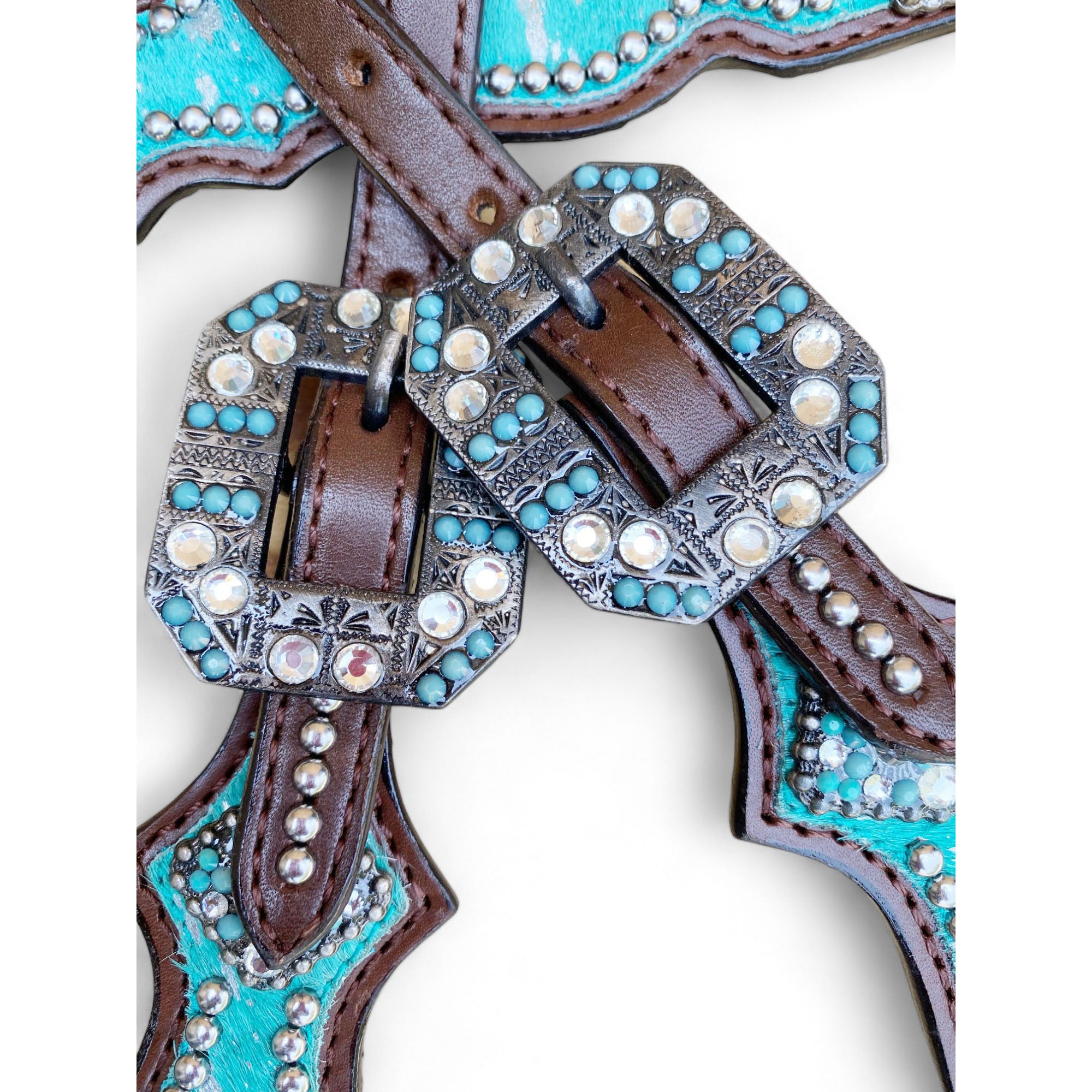 MOUSM Argentina Cow Leather Western Headstall and Breast Collar Set – Decorated with Turquoise Silver Metallic Acid Wash Cowhide Finish
