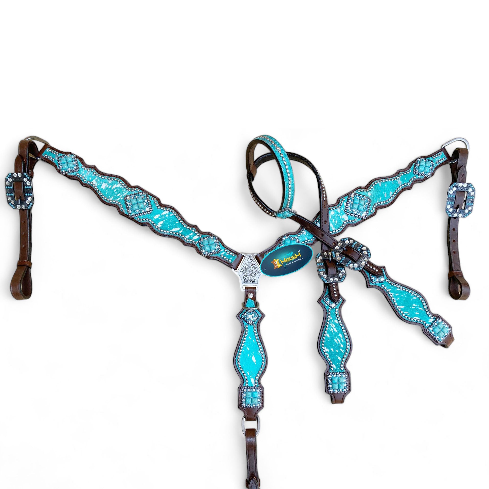 MOUSM Argentina Cow Leather Western Headstall and Breast Collar Set – Decorated with Turquoise Silver Metallic Acid Wash Cowhide Finish