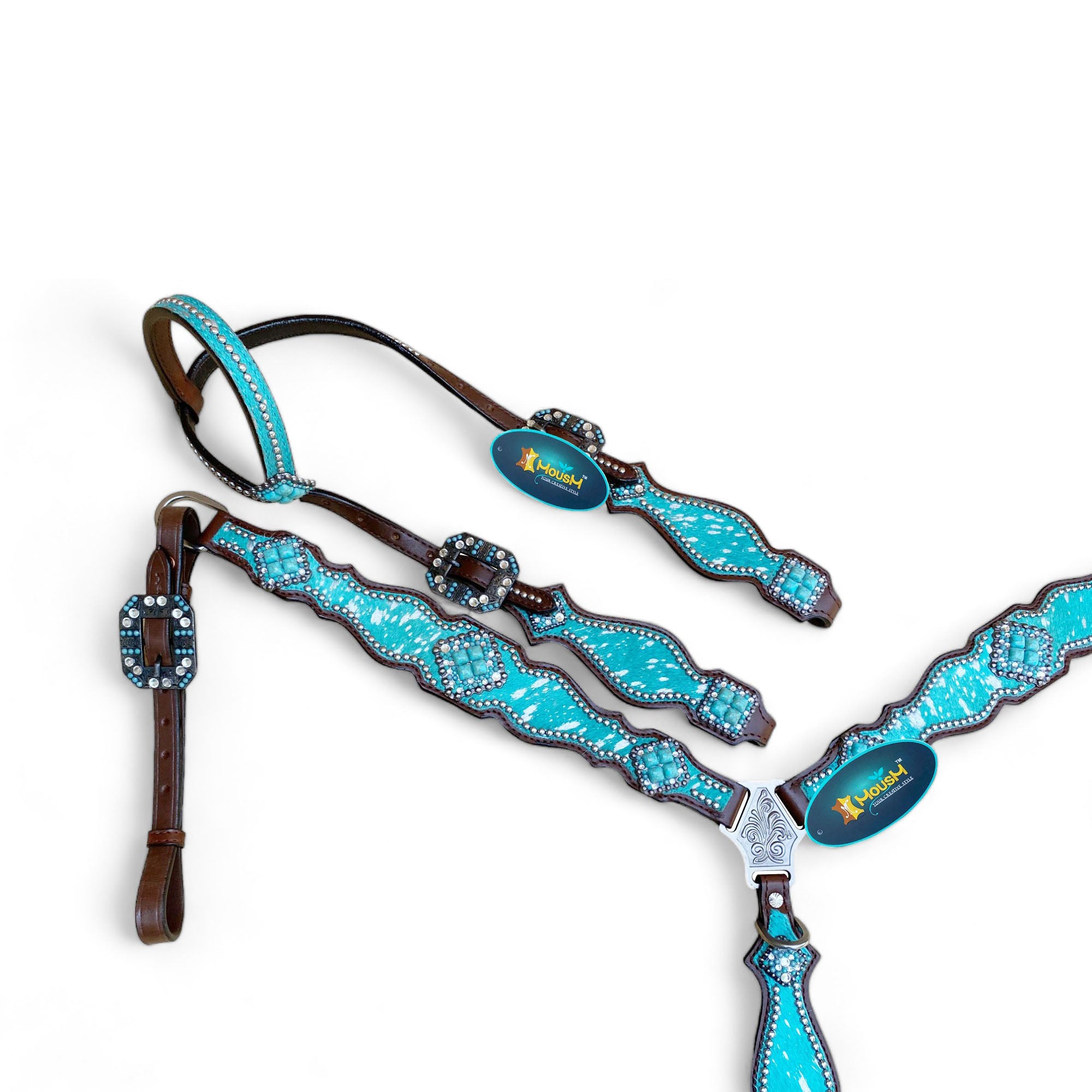 MOUSM Argentina Cow Leather Western Headstall and Breast Collar Set – Decorated with Turquoise Silver Metallic Acid Wash Cowhide Finish