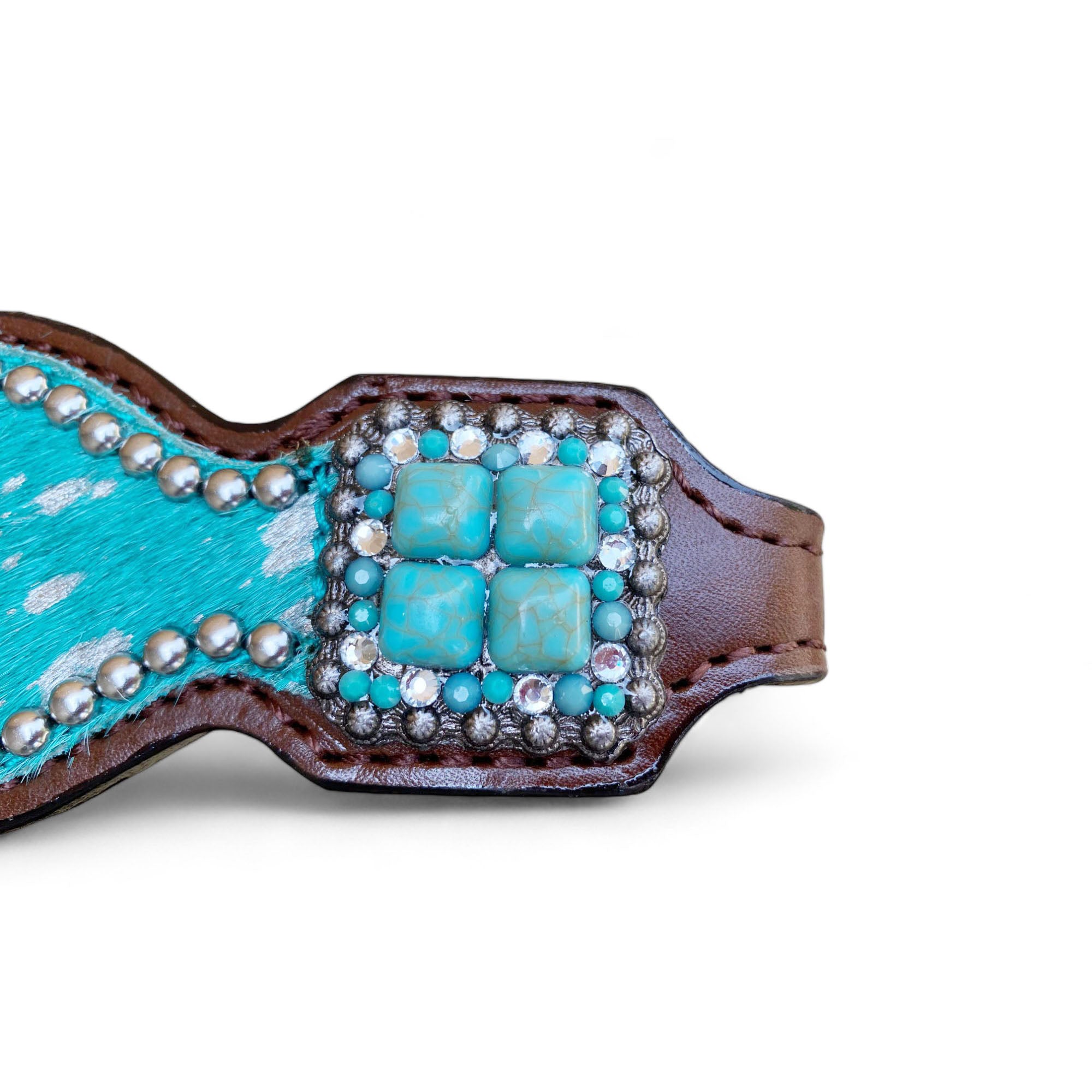 MOUSM Argentina Cow Leather Western Headstall and Breast Collar Set – Decorated with Turquoise Silver Metallic Acid Wash Cowhide Finish
