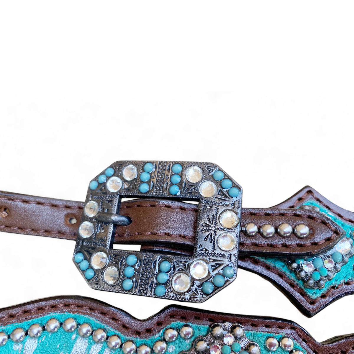 Turquoise Silver Metallic Acid Wash Cowhide Headstall Set