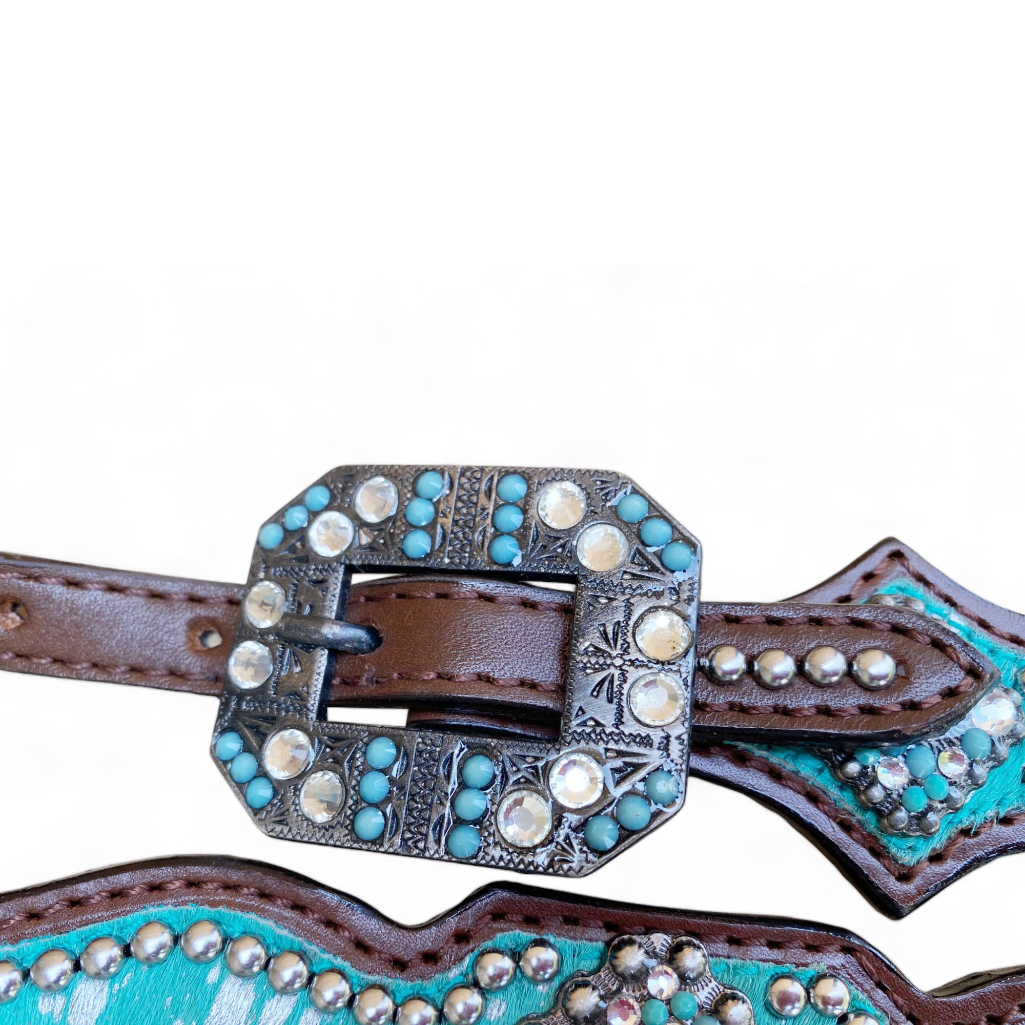 MOUSM Argentina Cow Leather Western Headstall and Breast Collar Set – Decorated with Turquoise Silver Metallic Acid Wash Cowhide Finish