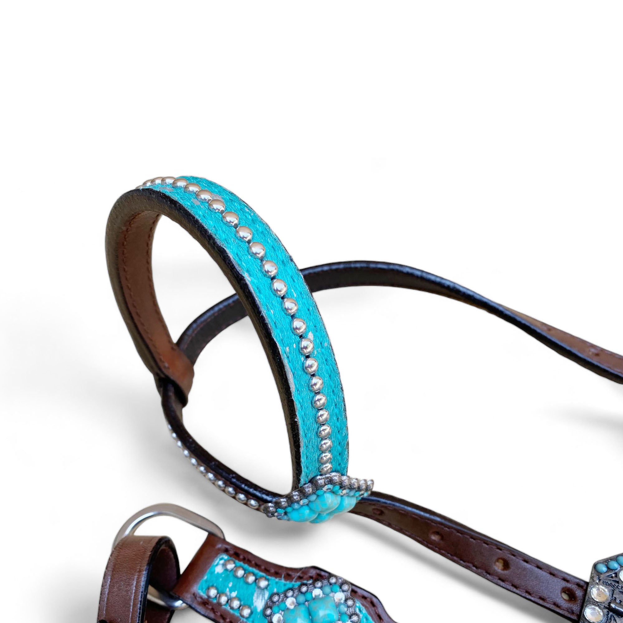 MOUSM Argentina Cow Leather Western Headstall and Breast Collar Set – Decorated with Turquoise Silver Metallic Acid Wash Cowhide Finish