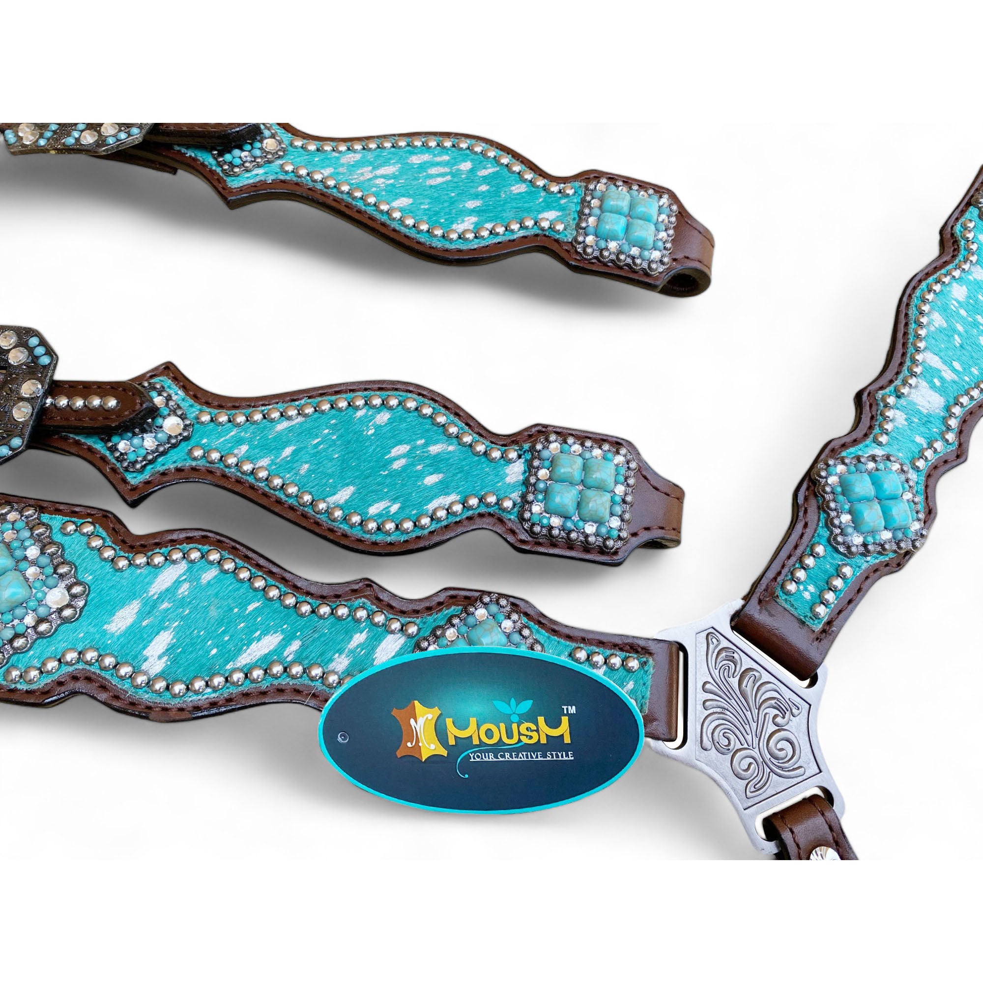 MOUSM Argentina Cow Leather Western Headstall and Breast Collar Set – Decorated with Turquoise Silver Metallic Acid Wash Cowhide Finish