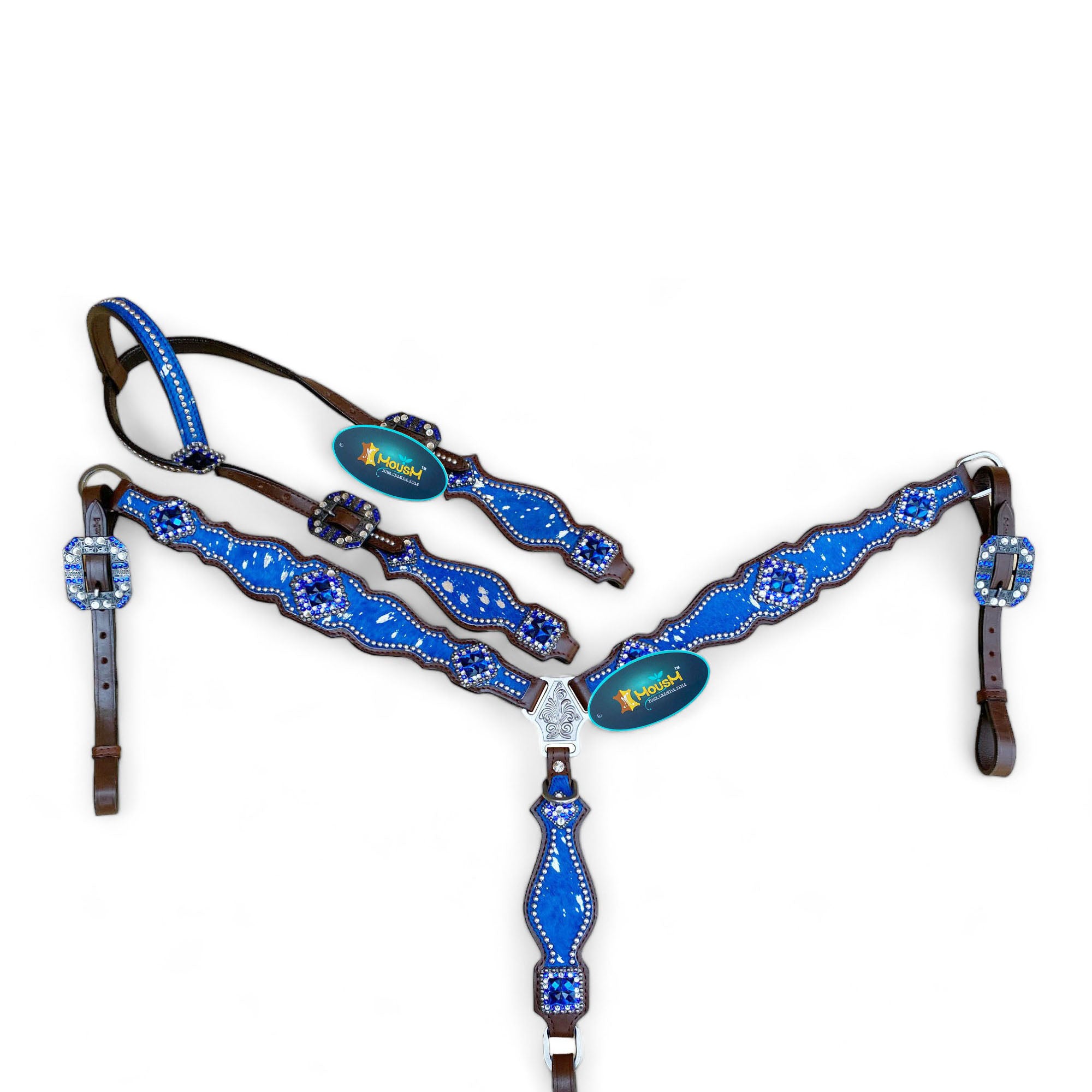 MOUSM Valentine’s Day Argentina Cow Leather Headstall & Breast Collar Set – Western Bridle Set with Blue & Silver Metallic Acid Wash Cowhide Look with Rhinestone Accents