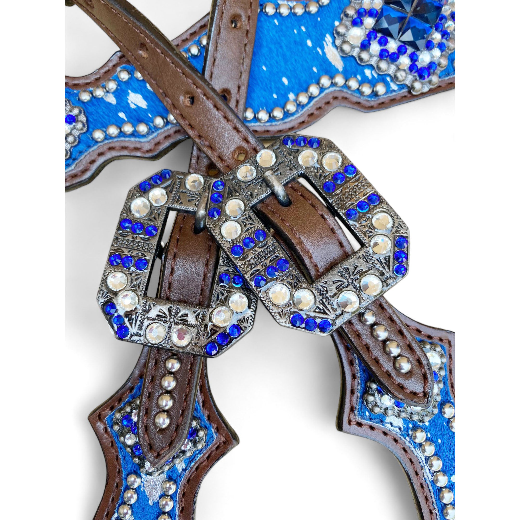 MOUSM Valentine’s Day Argentina Cow Leather Headstall & Breast Collar Set – Western Bridle Set with Blue & Silver Metallic Acid Wash Cowhide Look with Rhinestone Accents