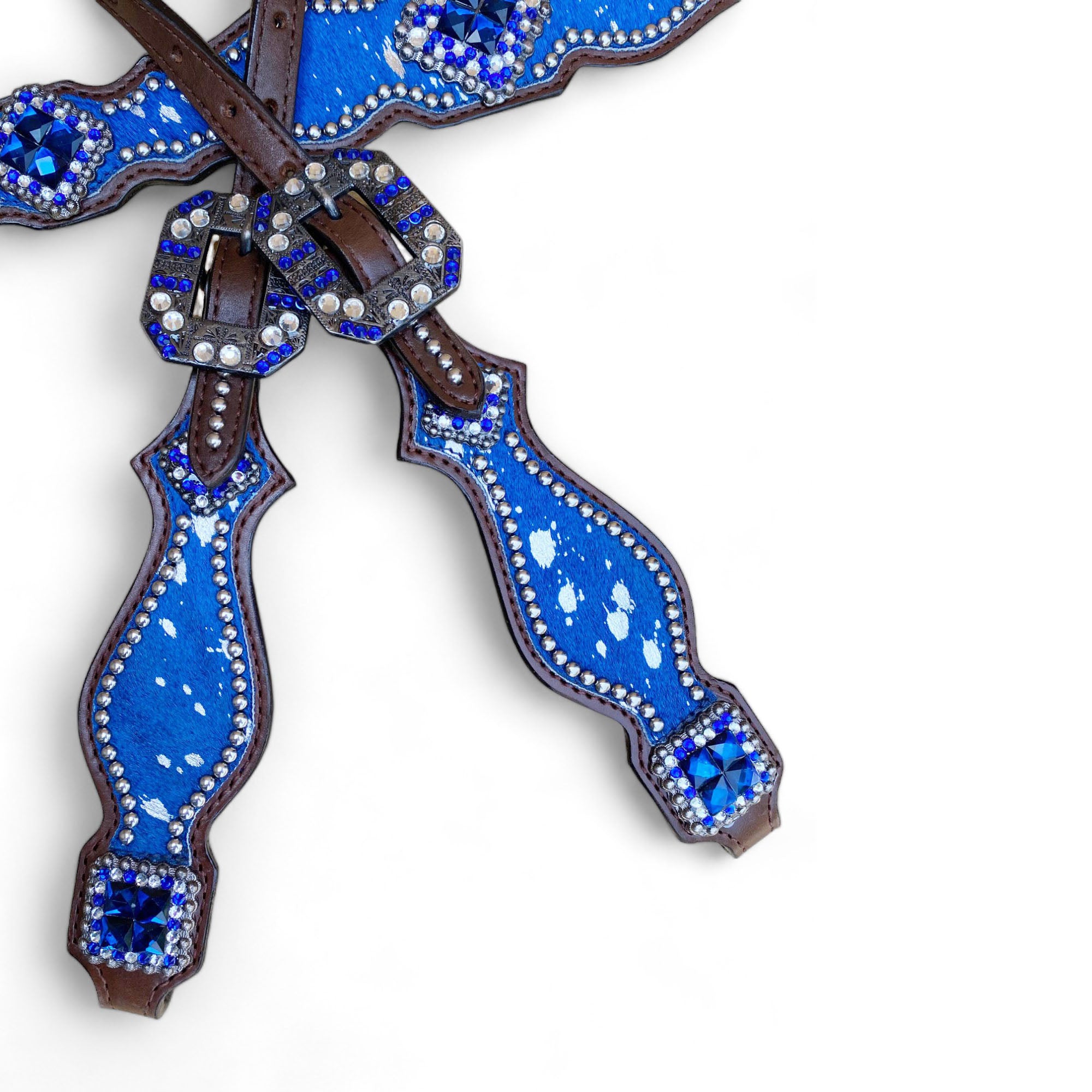 MOUSM Valentine’s Day Argentina Cow Leather Headstall & Breast Collar Set – Western Bridle Set with Blue & Silver Metallic Acid Wash Cowhide Look with Rhinestone Accents