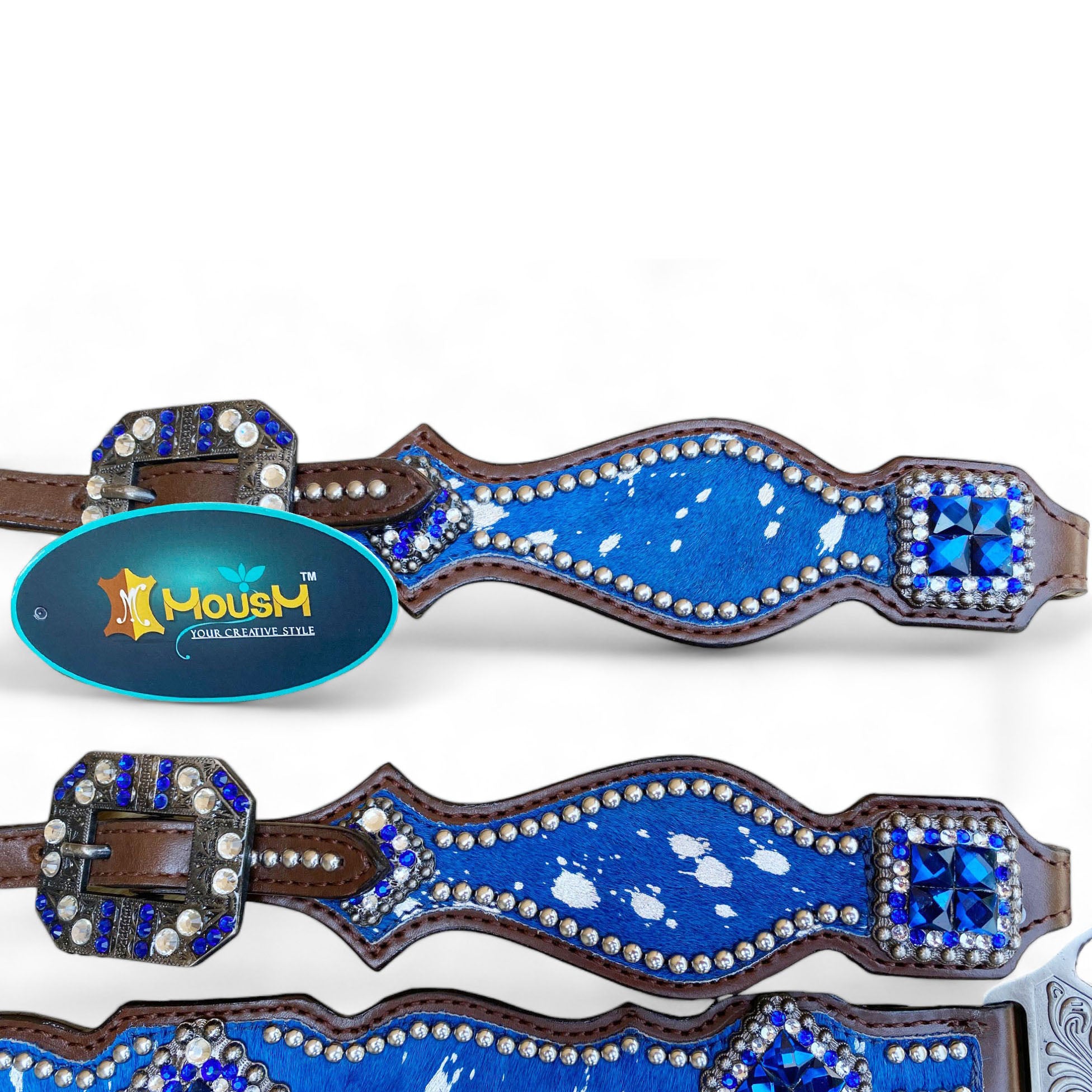 MOUSM Valentine’s Day Argentina Cow Leather Headstall & Breast Collar Set – Western Bridle Set with Blue & Silver Metallic Acid Wash Cowhide Look with Rhinestone Accents