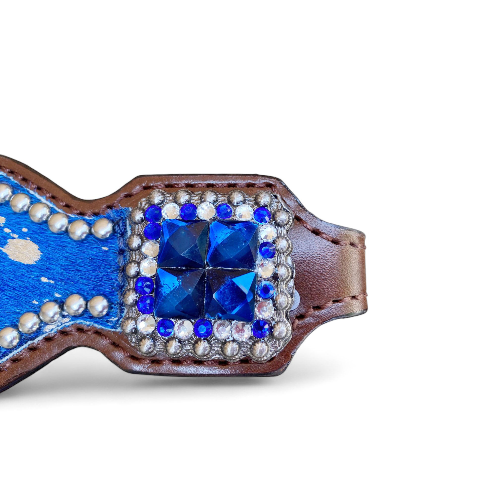 MOUSM Valentine’s Day Argentina Cow Leather Headstall & Breast Collar Set – Western Bridle Set with Blue & Silver Metallic Acid Wash Cowhide Look with Rhinestone Accents