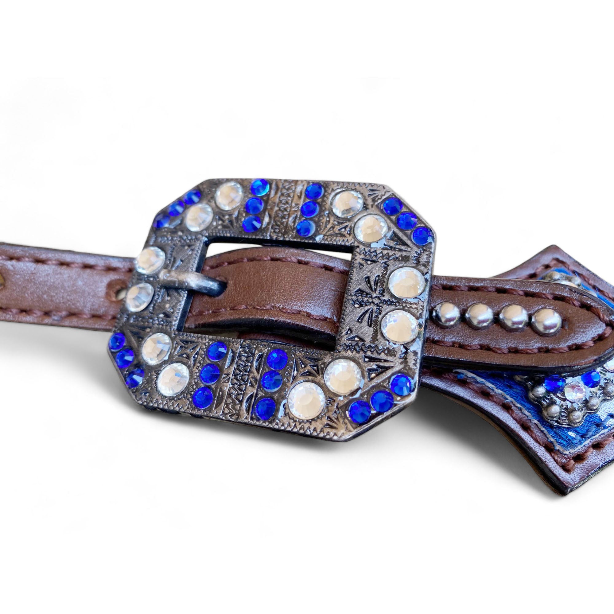 MOUSM Valentine’s Day Argentina Cow Leather Headstall & Breast Collar Set – Western Bridle Set with Blue & Silver Metallic Acid Wash Cowhide Look with Rhinestone Accents