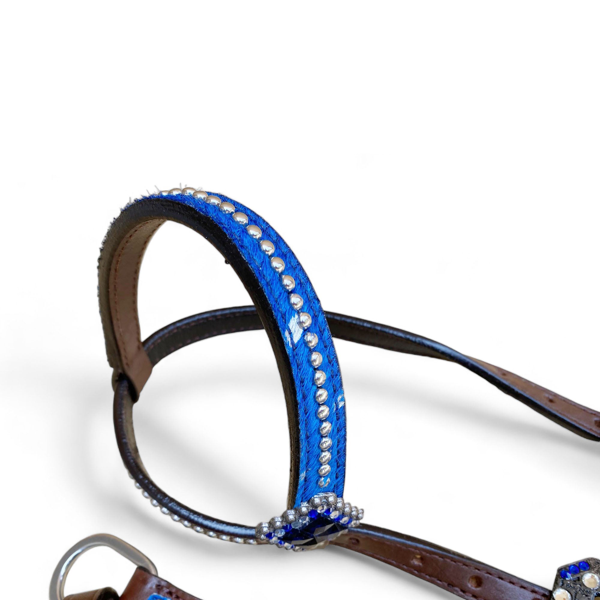 MOUSM Valentine’s Day Argentina Cow Leather Headstall & Breast Collar Set – Western Bridle Set with Blue & Silver Metallic Acid Wash Cowhide Look with Rhinestone Accents