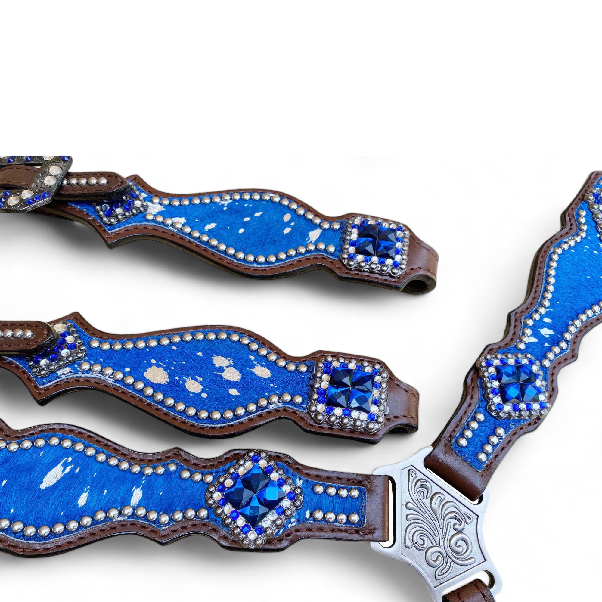 MOUSM Valentine’s Day Argentina Cow Leather Headstall & Breast Collar Set – Western Bridle Set with Blue & Silver Metallic Acid Wash Cowhide Look with Rhinestone Accents