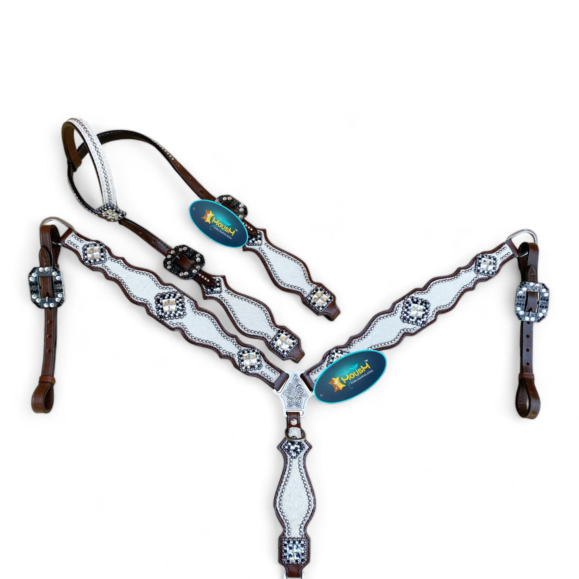 MOUSM Western Headstall and Breast Collar Set - Decorated with White Silver Metallic Acid Wash Cowhide Finish