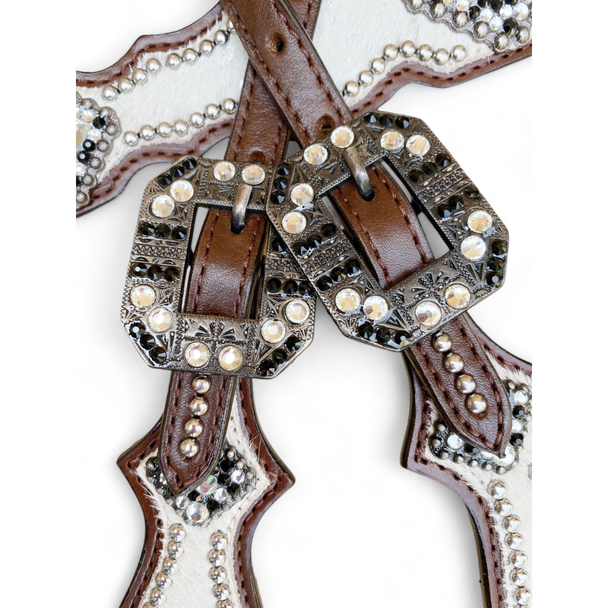 MOUSM Western Headstall and Breast Collar Set - Decorated with White Silver Metallic Acid Wash Cowhide Finish