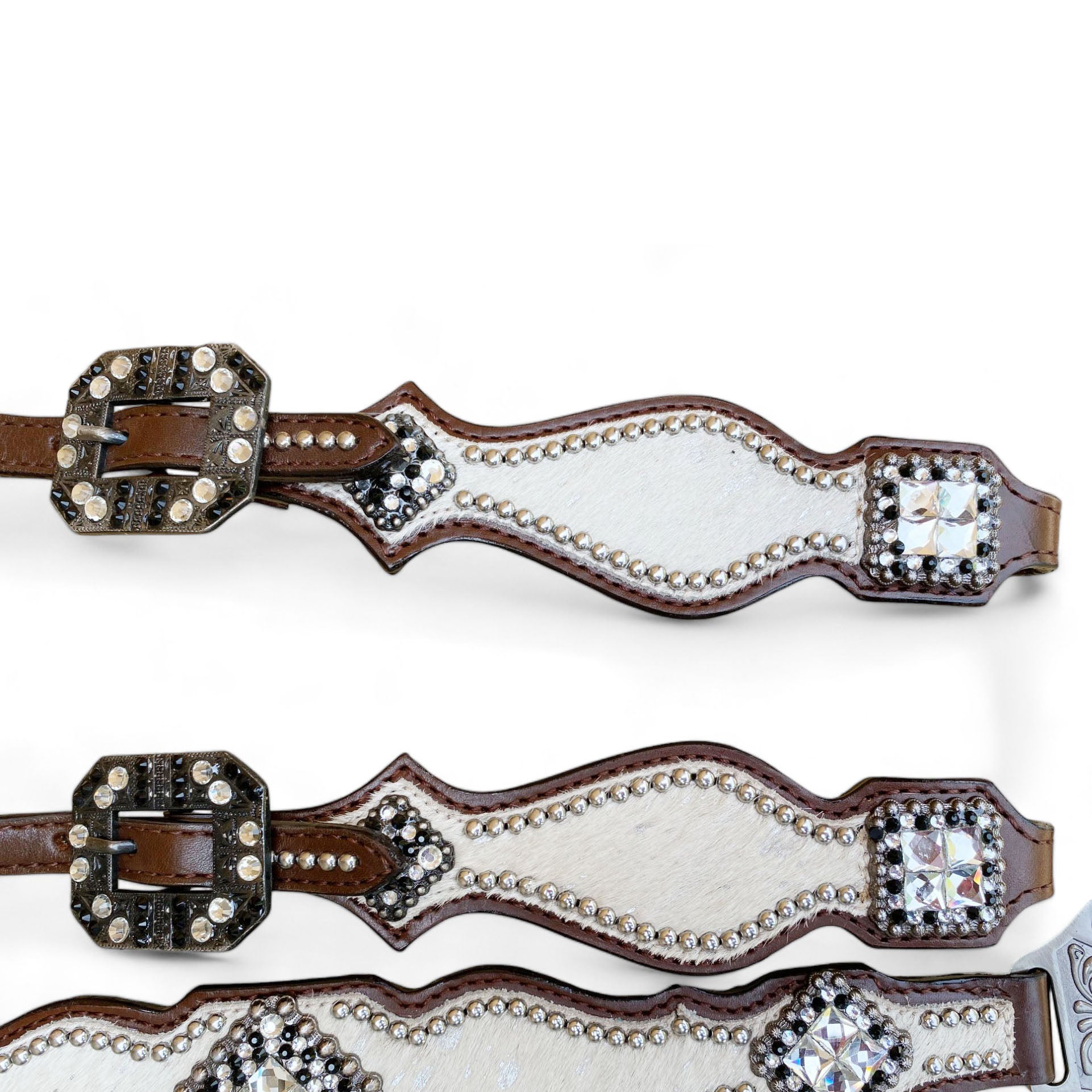 MOUSM Western Headstall and Breast Collar Set - Decorated with White Silver Metallic Acid Wash Cowhide Finish