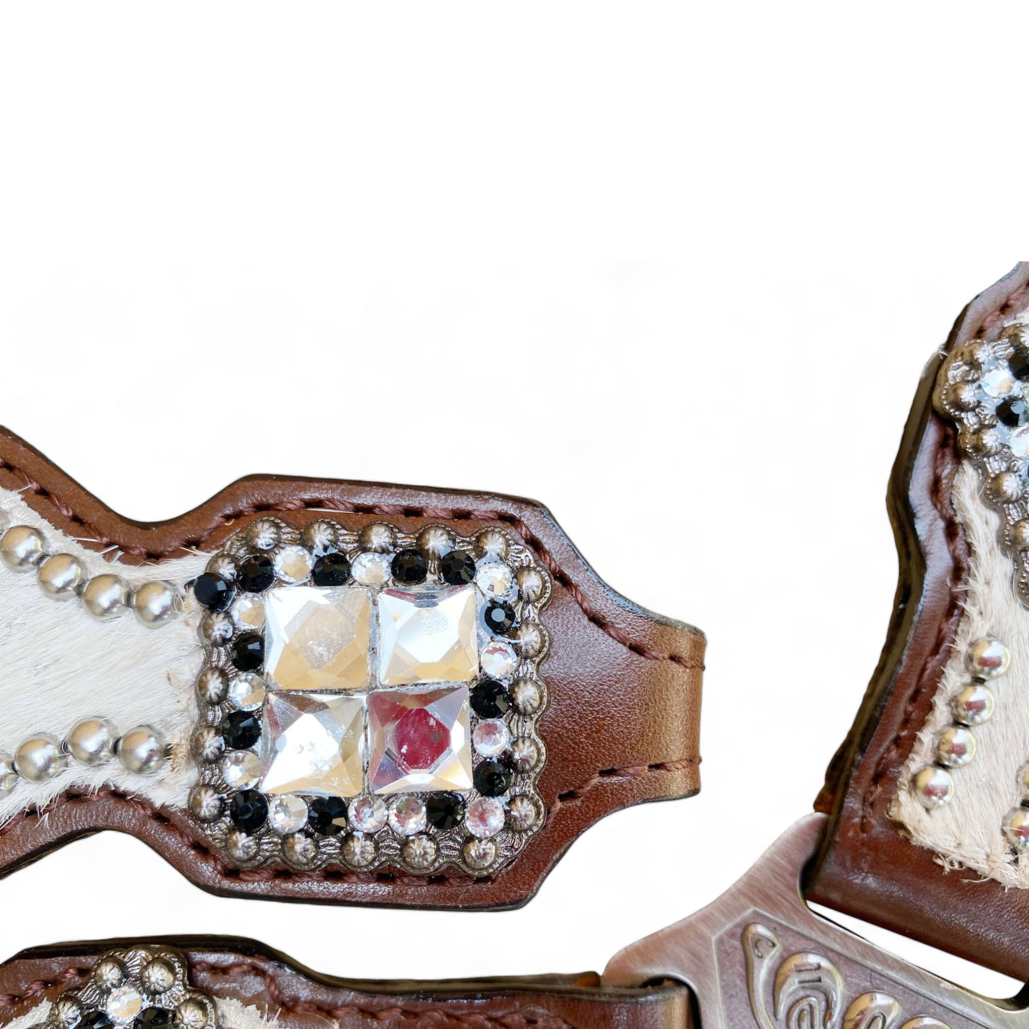 MOUSM Western Headstall and Breast Collar Set - Decorated with White Silver Metallic Acid Wash Cowhide Finish