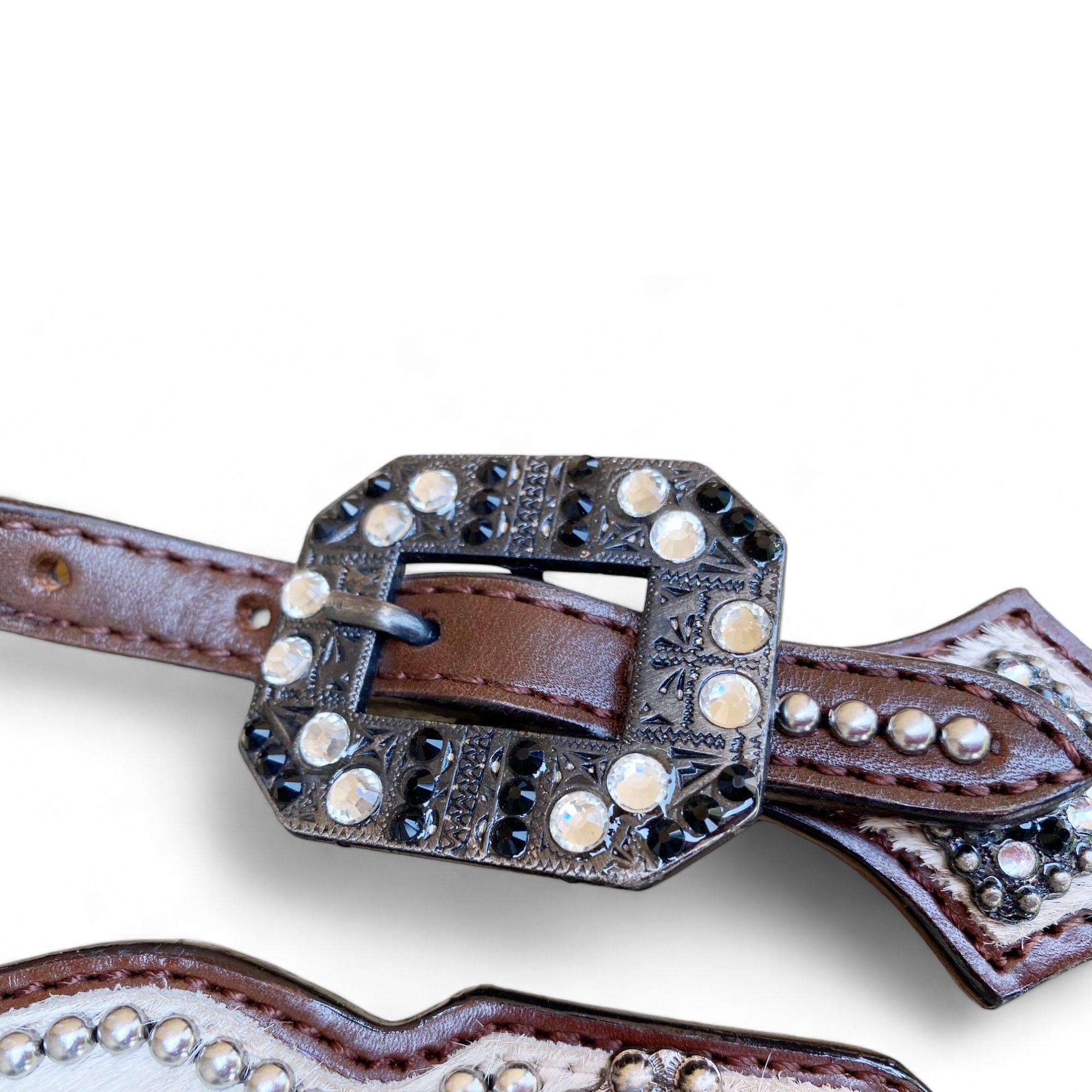 MOUSM Western Headstall and Breast Collar Set - Decorated with White Silver Metallic Acid Wash Cowhide Finish
