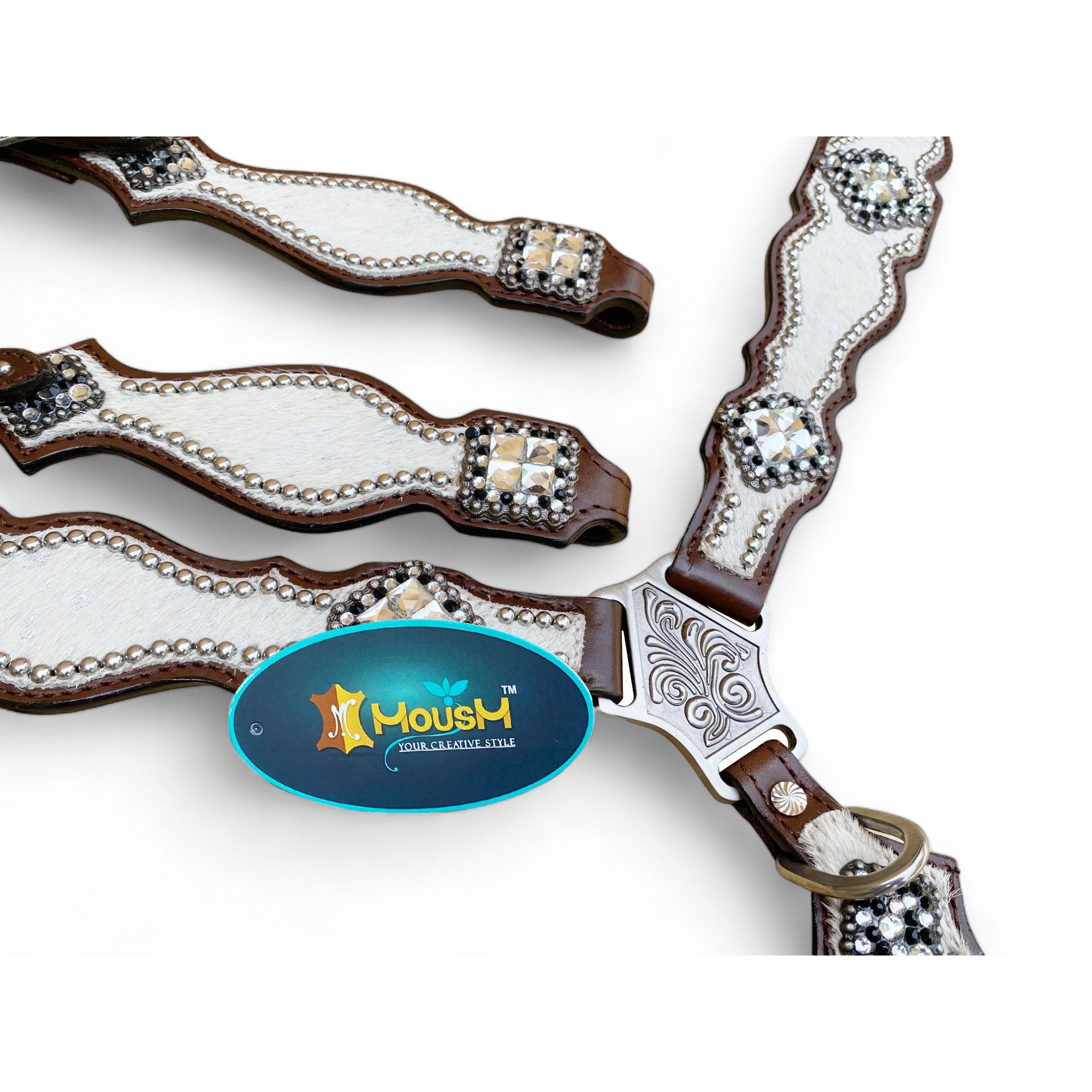 MOUSM Western Headstall and Breast Collar Set - Decorated with White Silver Metallic Acid Wash Cowhide Finish