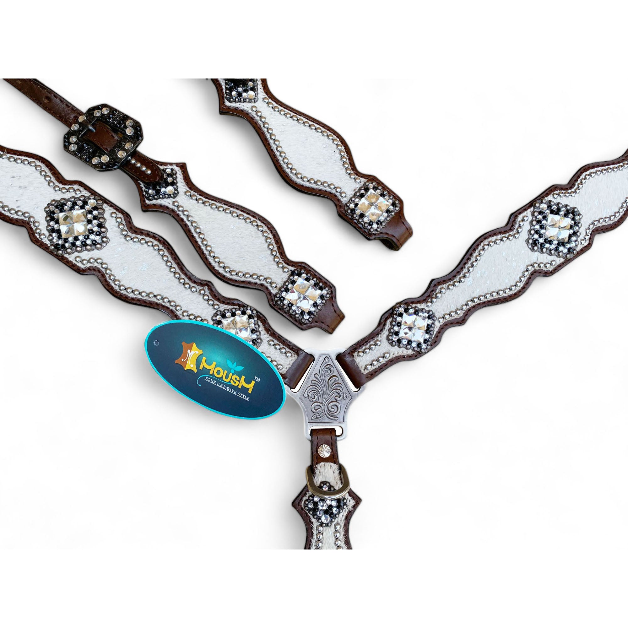 MOUSM Western Headstall and Breast Collar Set - Decorated with White Silver Metallic Acid Wash Cowhide Finish