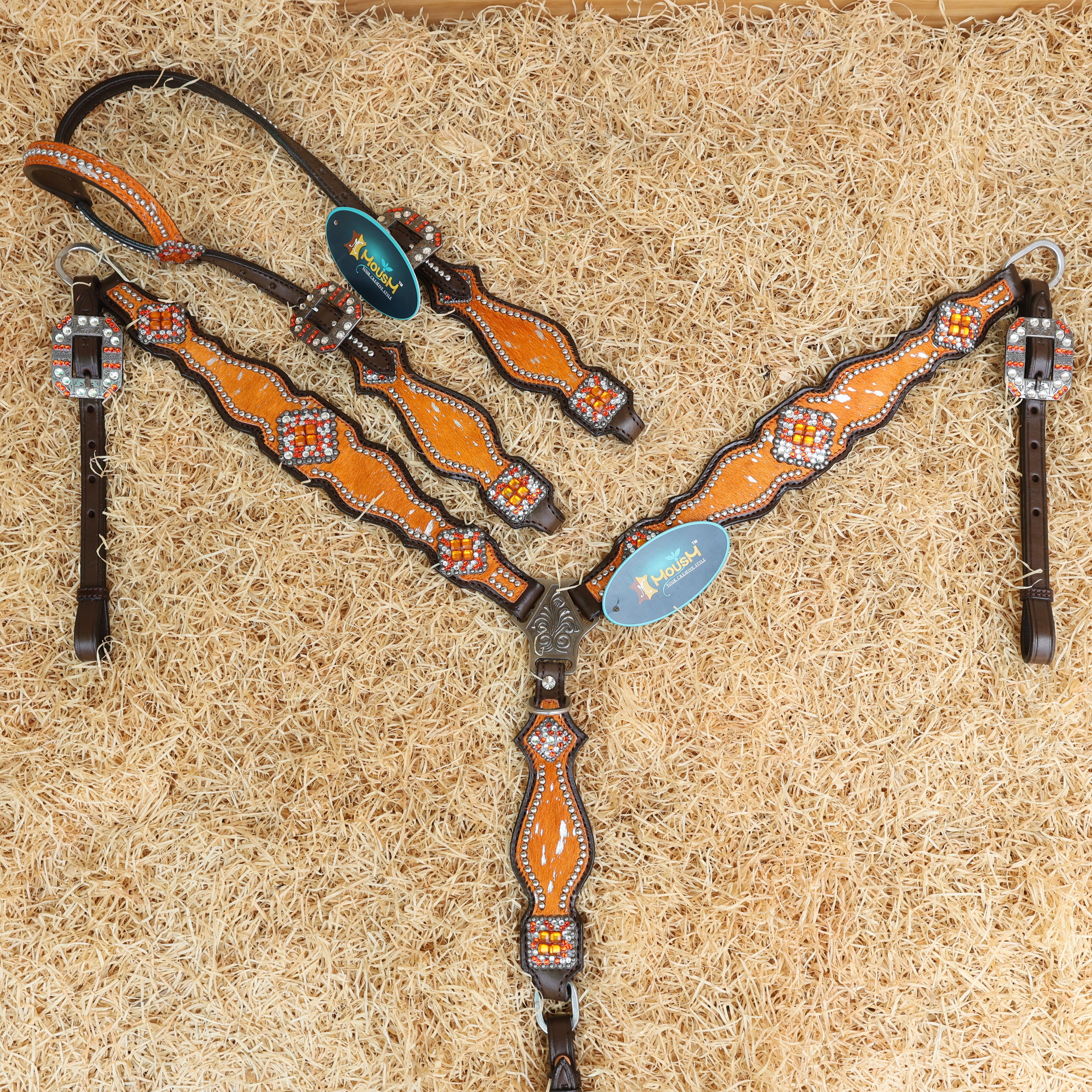 MOUSM Western Headstall and Breast Collar Tack Set – Argentina Cow Leather Western Bridles and Headstalls Decorated with Orange-Silver Metallic Acid Wash Cowhide Look Finish