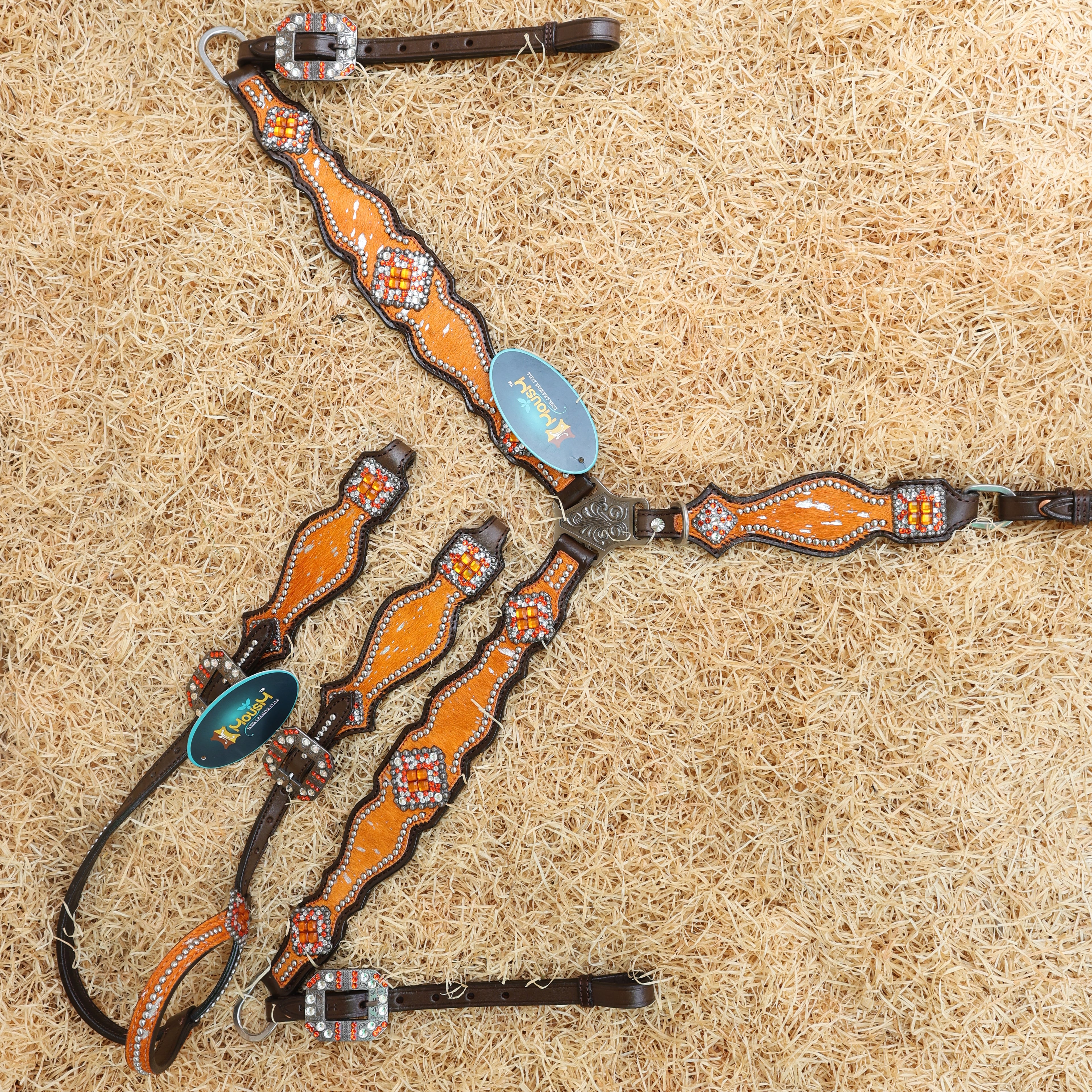 MOUSM Western Headstall and Breast Collar Tack Set – Argentina Cow Leather Western Bridles and Headstalls Decorated with Orange-Silver Metallic Acid Wash Cowhide Look Finish