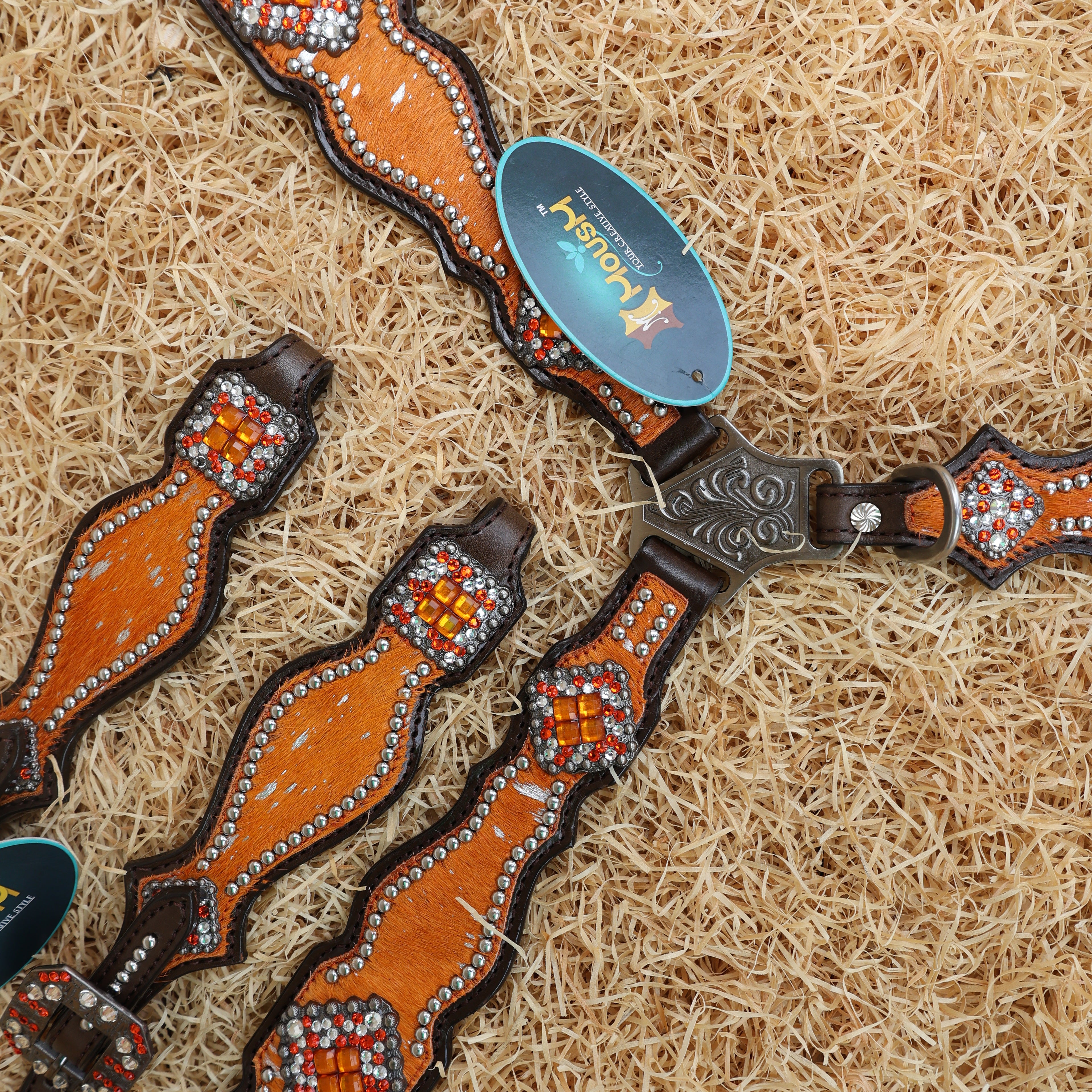 MOUSM Western Headstall and Breast Collar Tack Set – Argentina Cow Leather Western Bridles and Headstalls Decorated with Orange-Silver Metallic Acid Wash Cowhide Look Finish