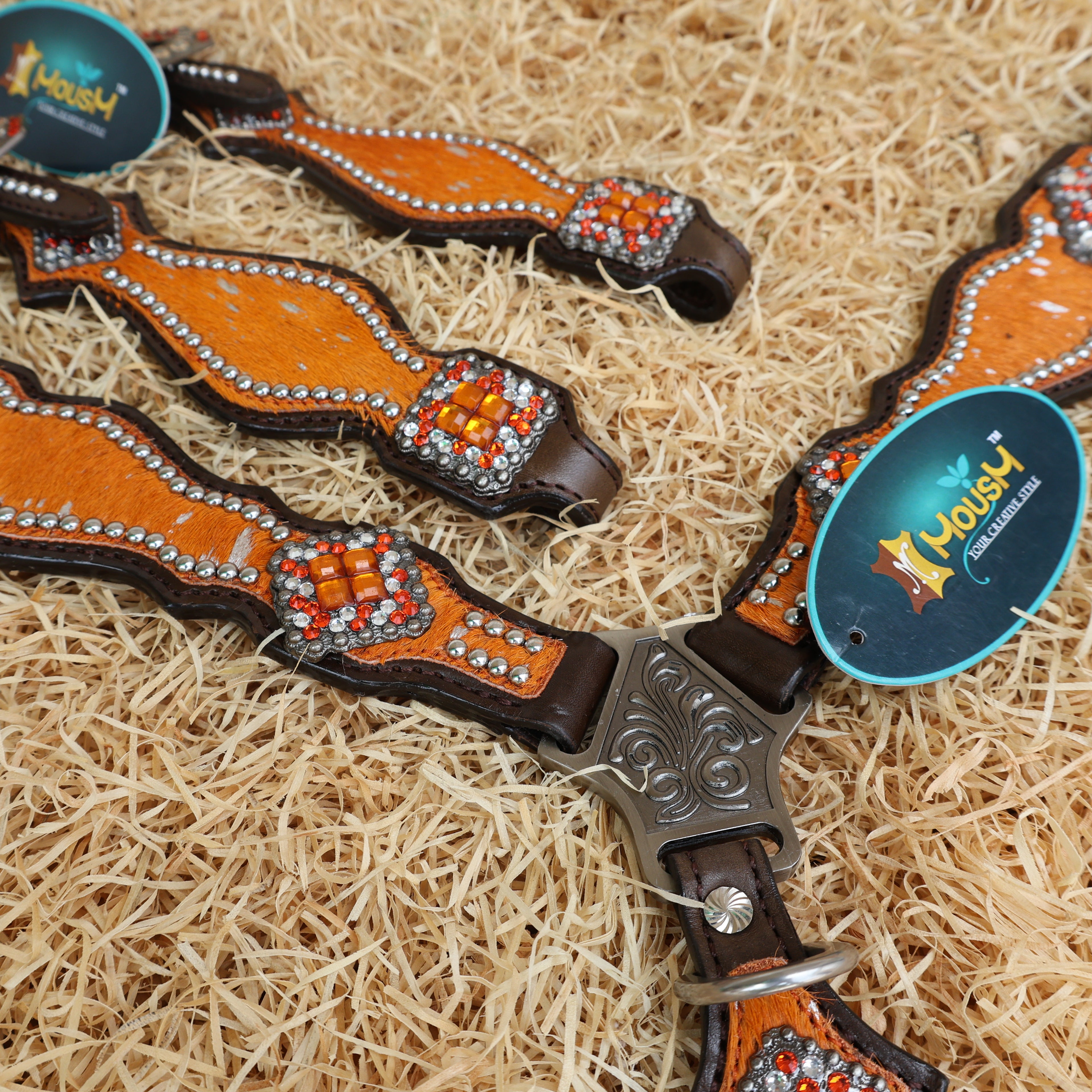 MOUSM Western Headstall and Breast Collar Tack Set – Argentina Cow Leather Western Bridles and Headstalls Decorated with Orange-Silver Metallic Acid Wash Cowhide Look Finish