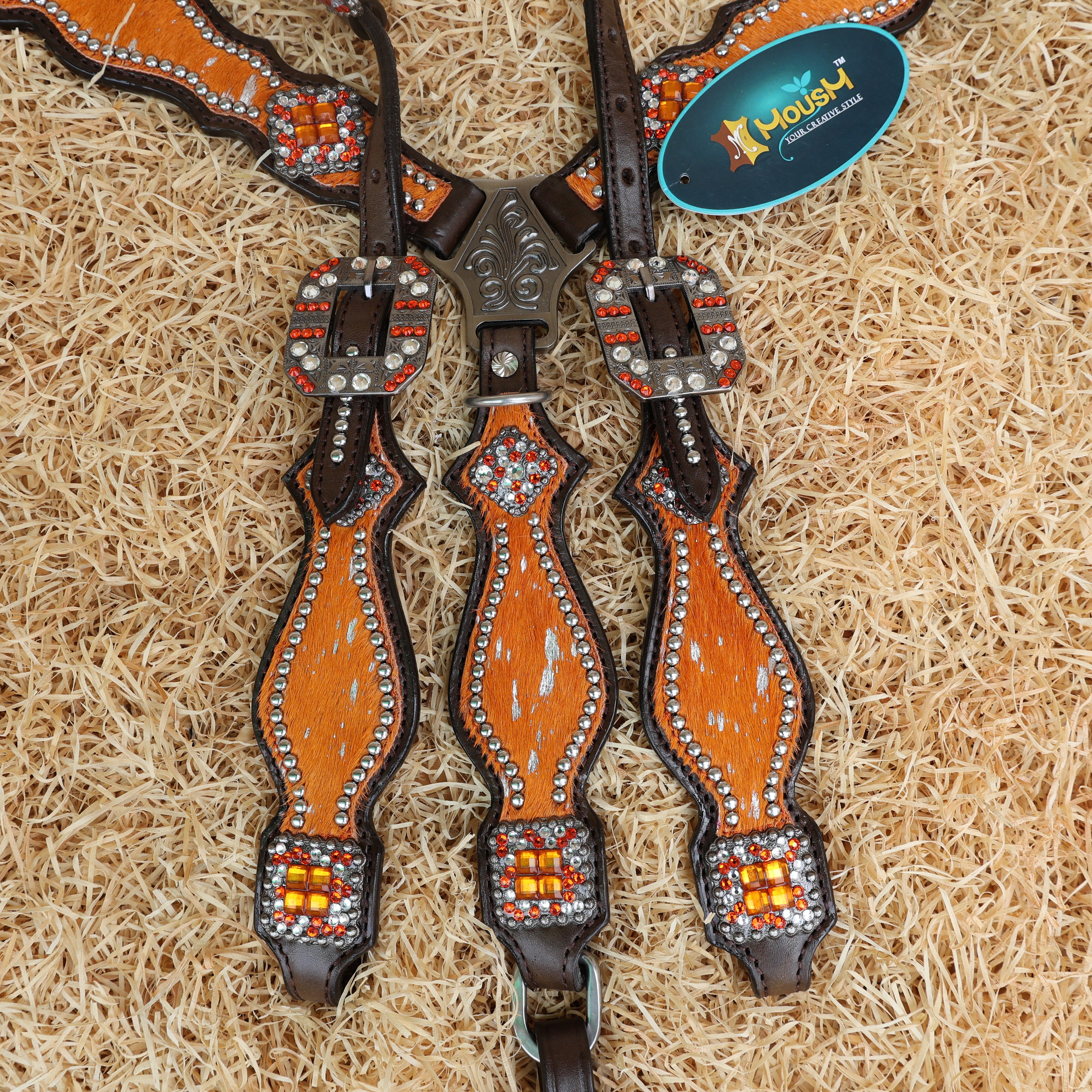 MOUSM Western Headstall and Breast Collar Tack Set – Argentina Cow Leather Western Bridles and Headstalls Decorated with Orange-Silver Metallic Acid Wash Cowhide Look Finish