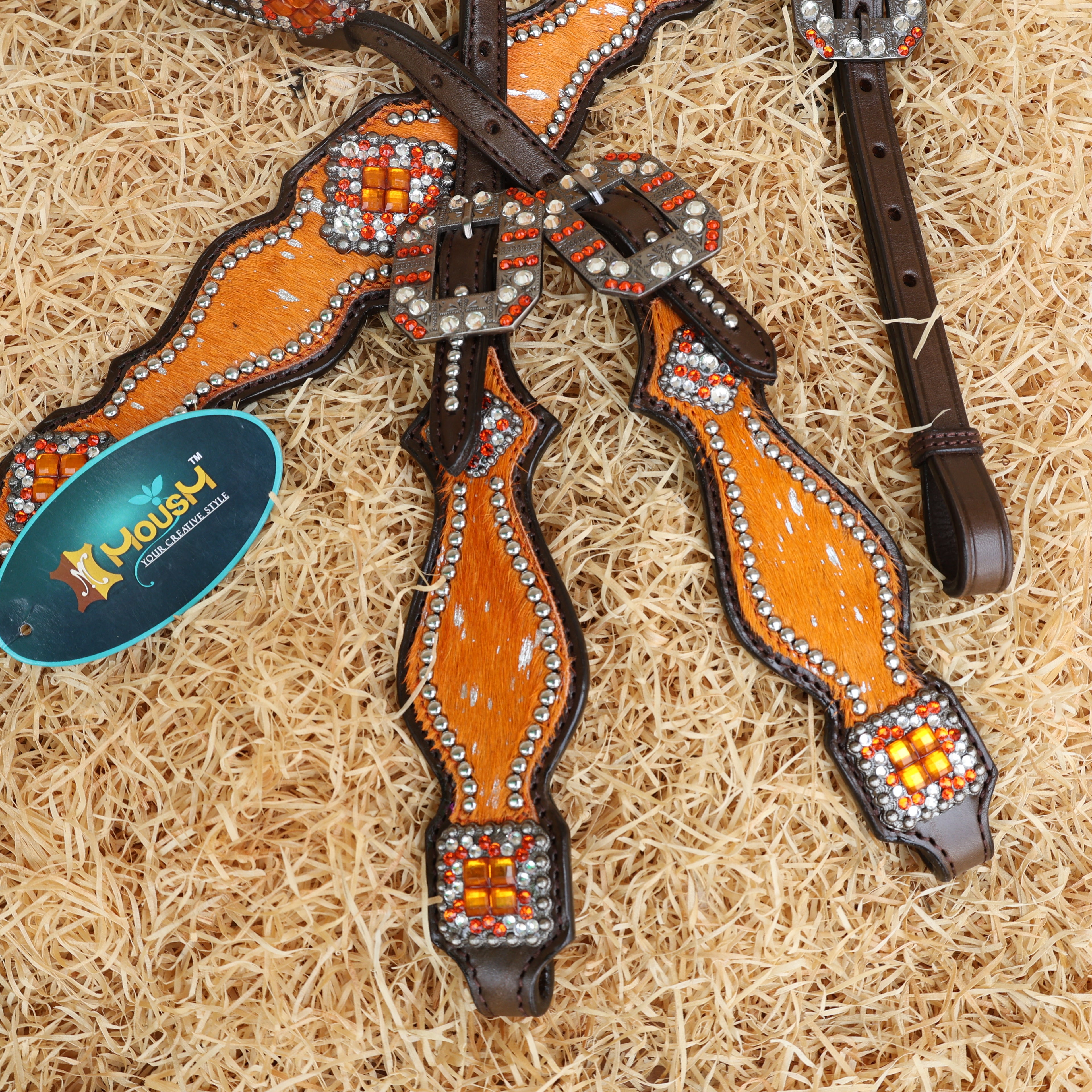 MOUSM Western Headstall and Breast Collar Tack Set – Argentina Cow Leather Western Bridles and Headstalls Decorated with Orange-Silver Metallic Acid Wash Cowhide Look Finish