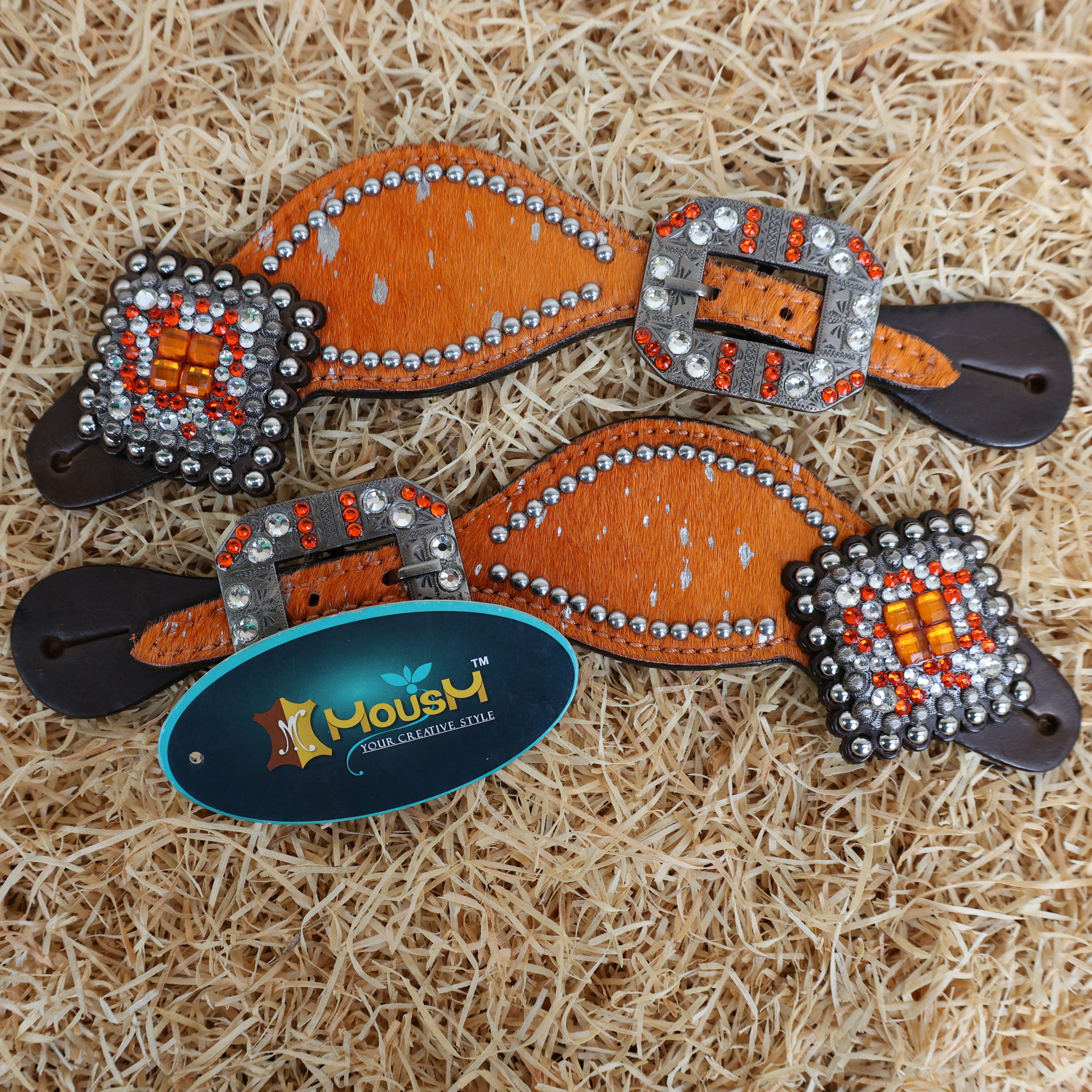 MOUSM Western Headstall and Breast Collar Tack Set – Argentina Cow Leather Western Bridles and Headstalls Decorated with Orange-Silver Metallic Acid Wash Cowhide Look Finish