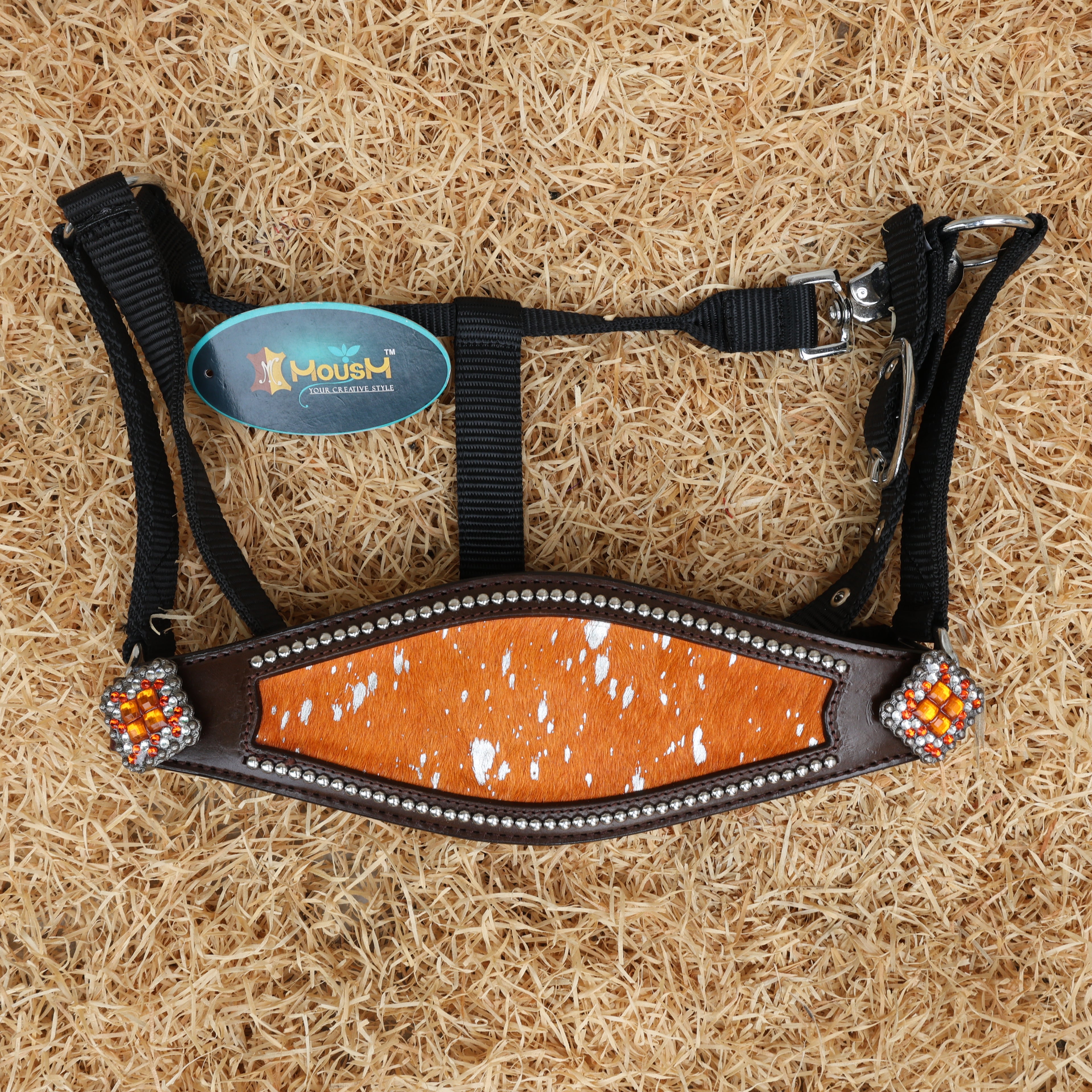 MOUSM Western Headstall and Breast Collar Tack Set – Argentina Cow Leather Western Bridles and Headstalls Decorated with Orange-Silver Metallic Acid Wash Cowhide Look Finish