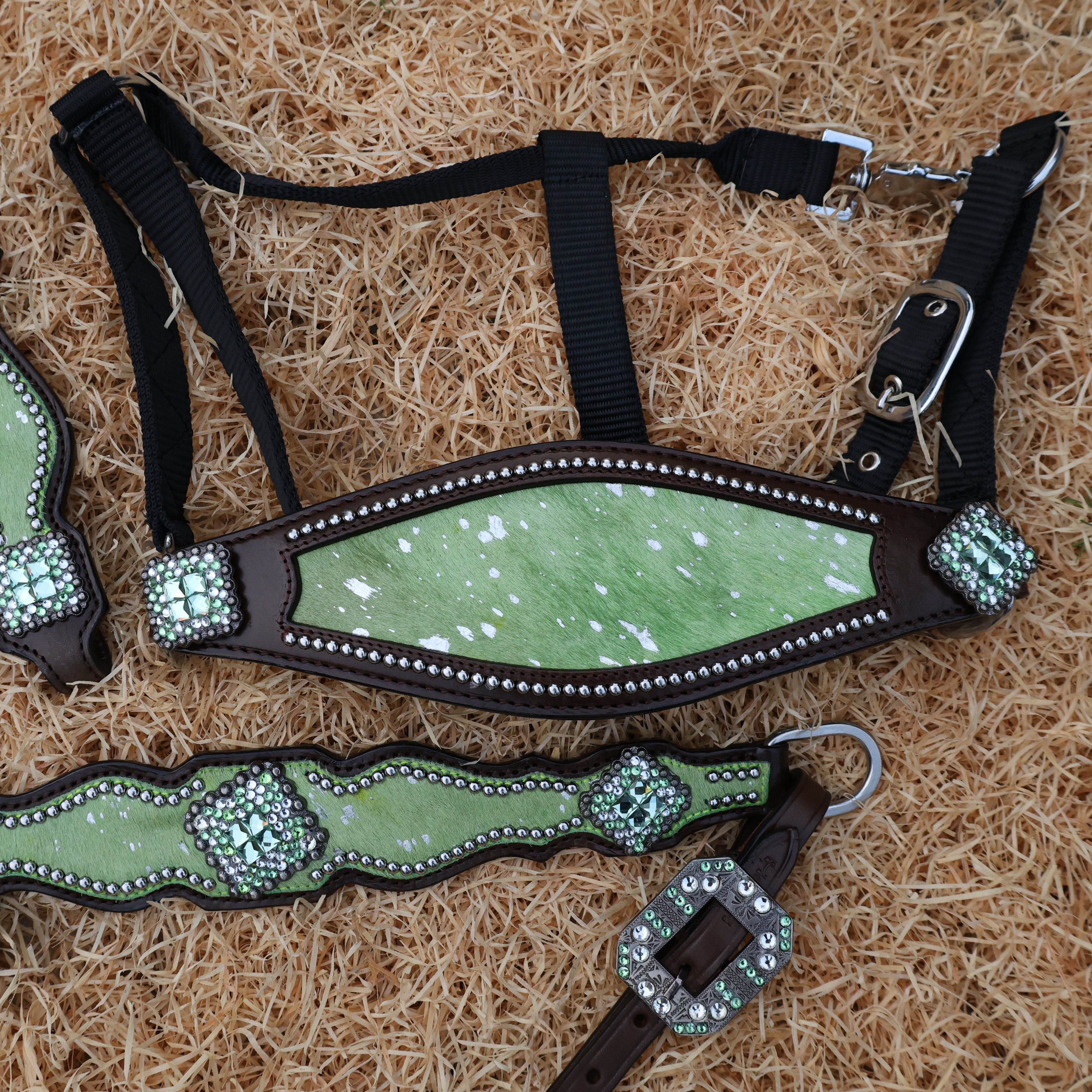 MOUSM Argentina Cow Leather Western Horse Tack Collection – Western Headstall & Breast Collar Set Decorated with Lime-Green Metallic Acid Wash Cowhide Finish