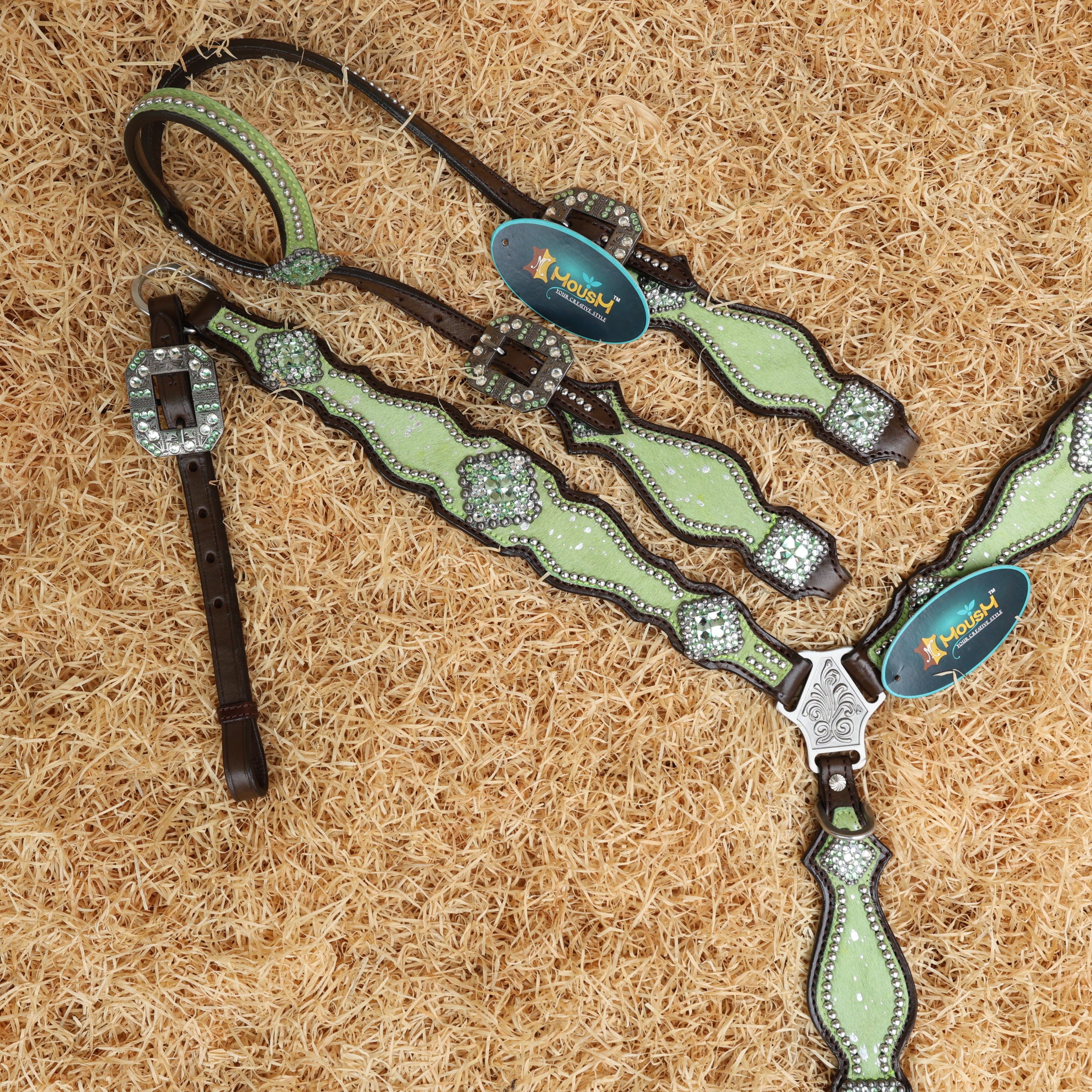 MOUSM Argentina Cow Leather Western Horse Tack Collection – Western Headstall & Breast Collar Set Decorated with Lime-Green Metallic Acid Wash Cowhide Finish