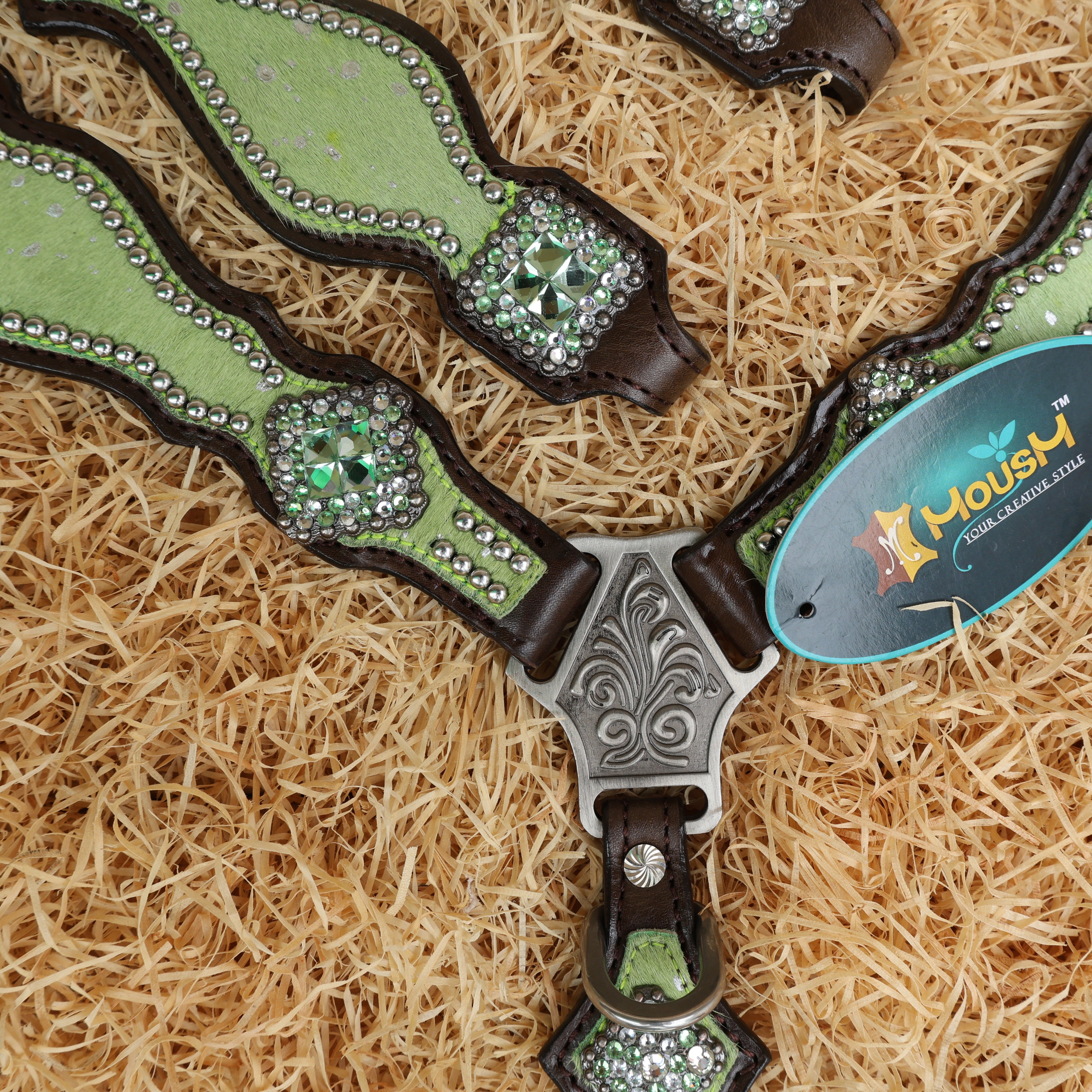 MOUSM Argentina Cow Leather Western Horse Tack Collection – Western Headstall & Breast Collar Set Decorated with Lime-Green Metallic Acid Wash Cowhide Finish