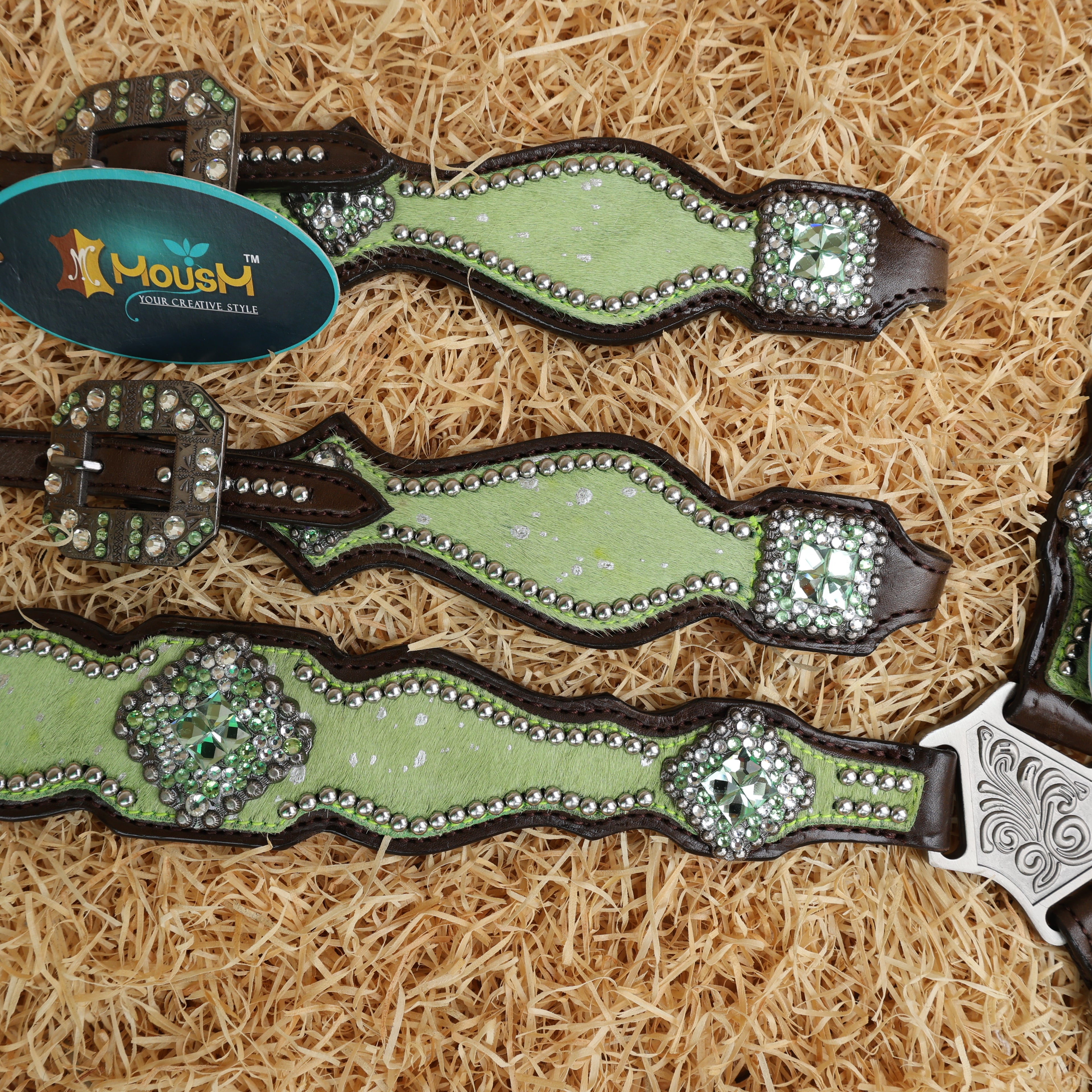 MOUSM Argentina Cow Leather Western Horse Tack Collection – Western Headstall & Breast Collar Set Decorated with Lime-Green Metallic Acid Wash Cowhide Finish