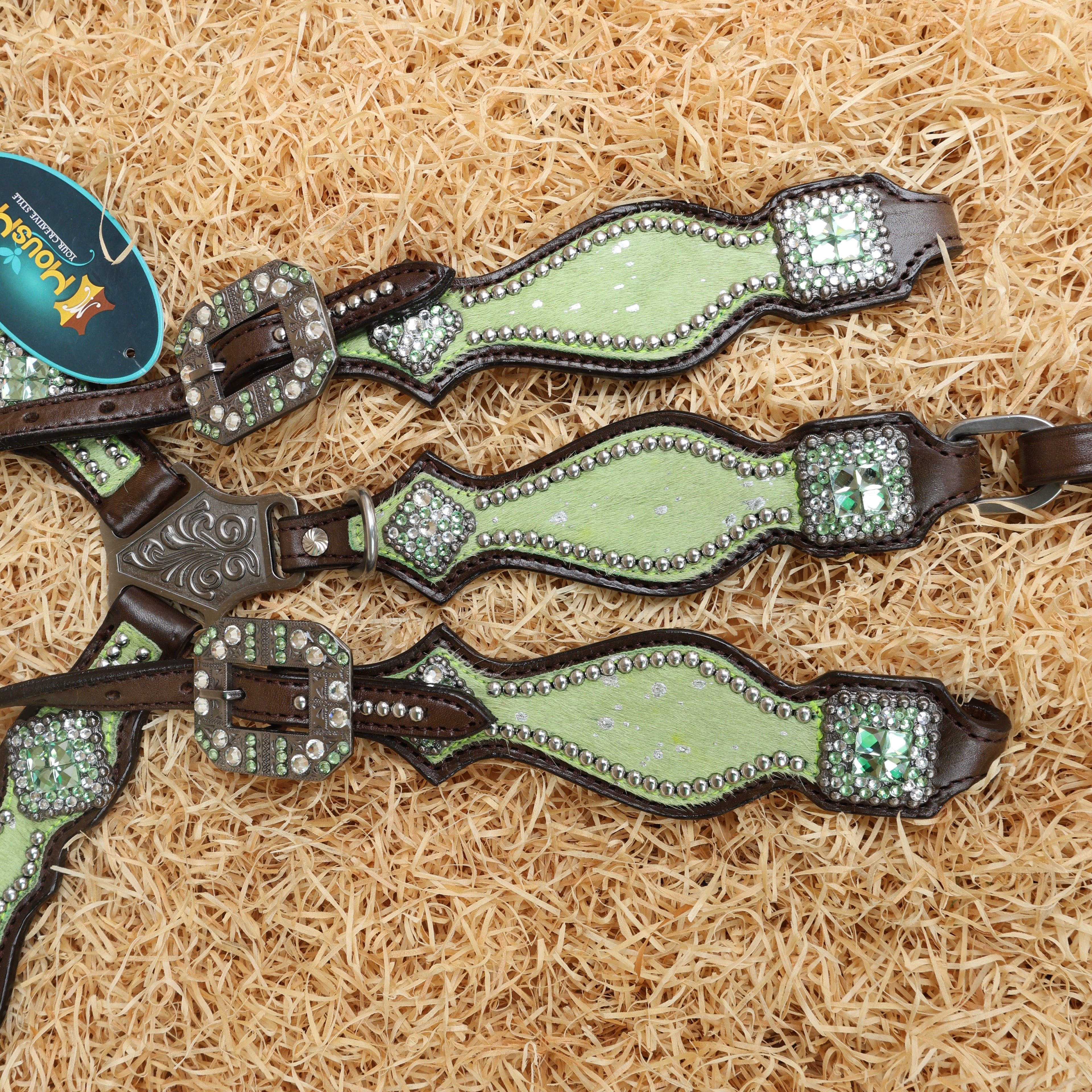 MOUSM Argentina Cow Leather Western Horse Tack Collection – Western Headstall & Breast Collar Set Decorated with Lime-Green Metallic Acid Wash Cowhide Finish